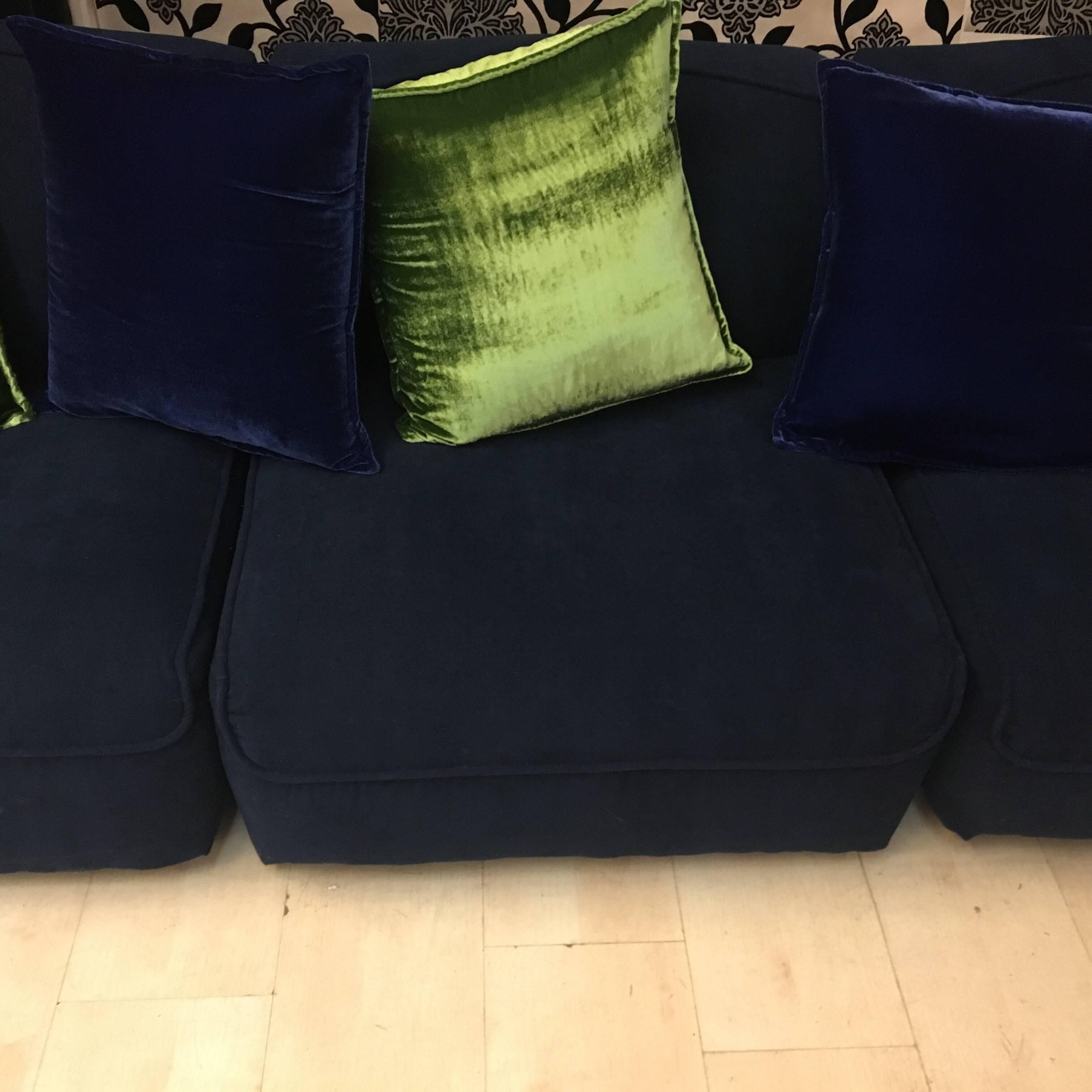 Modern Blue Velvet Selectional Italian Sofa, Three Chair Pieces, 1970s