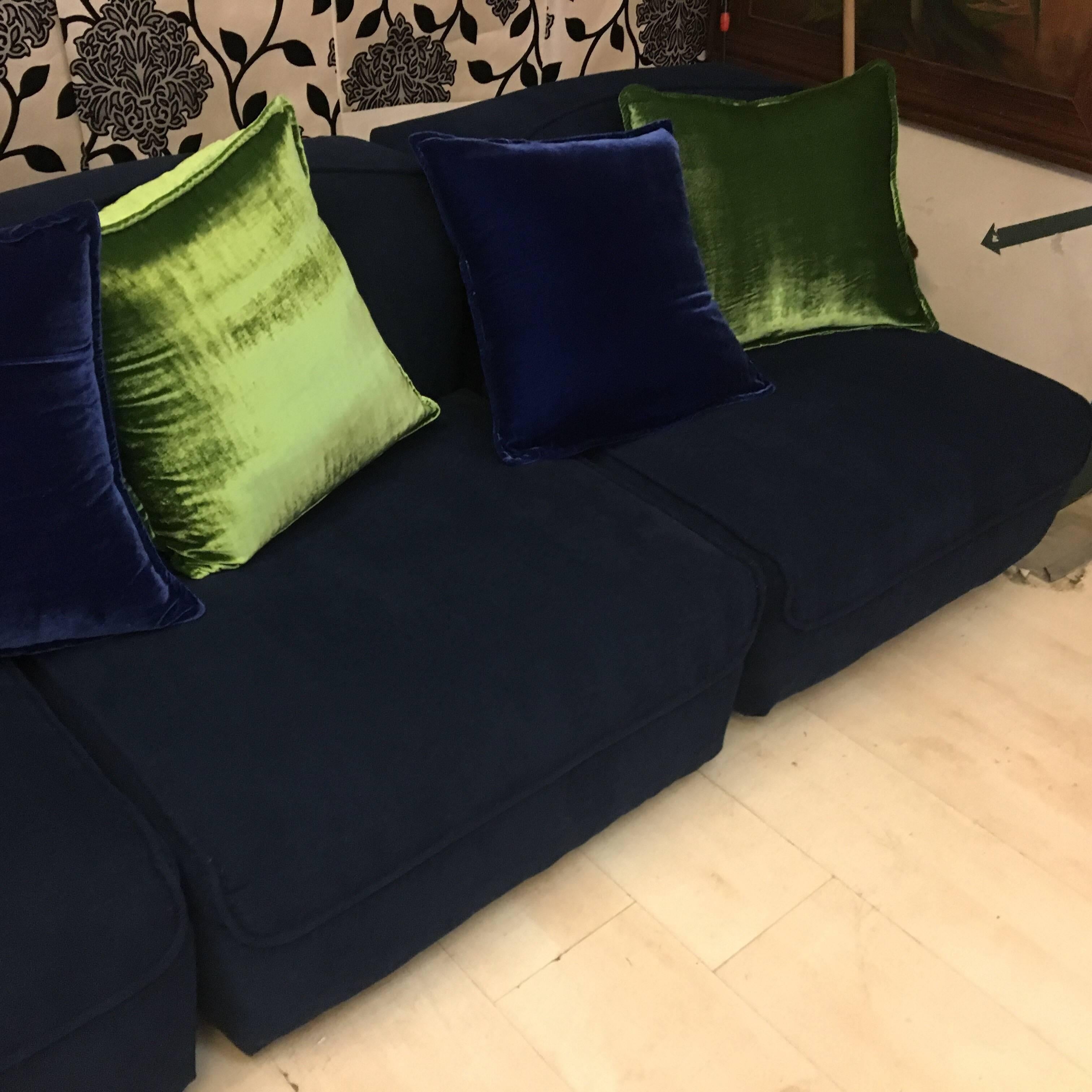 Blue Velvet Selectional Italian Sofa, Three Chair Pieces, 1970s In Excellent Condition In Florence, IT