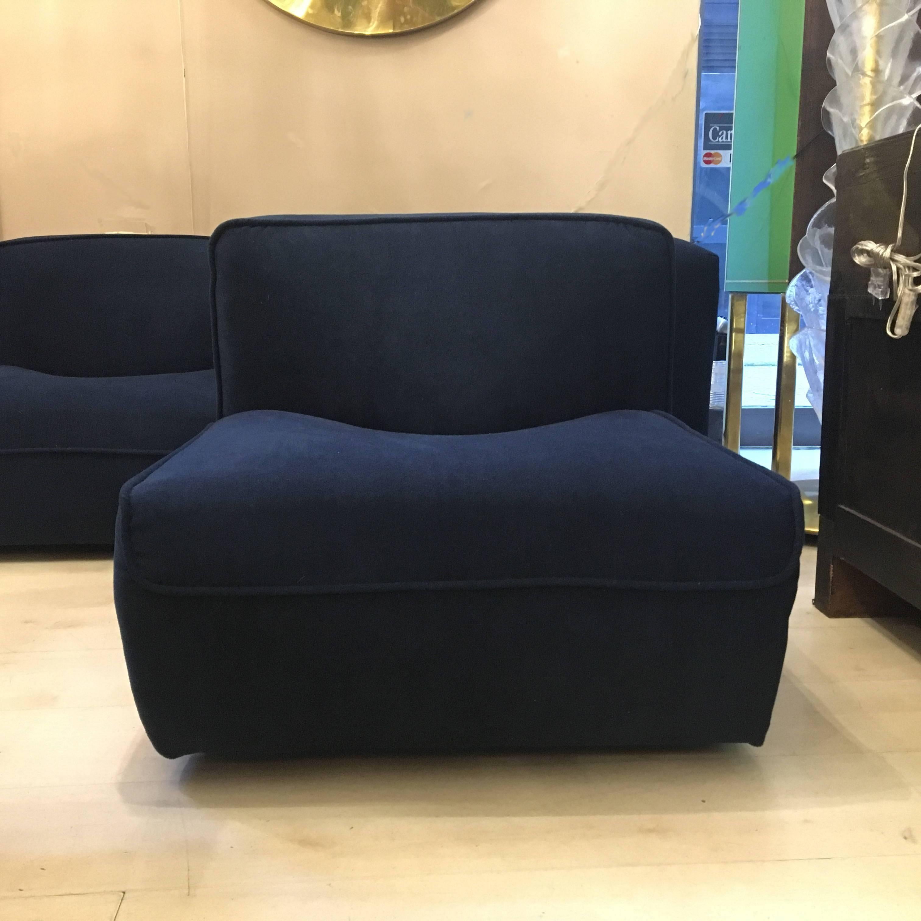 Blue Velvet Selectional Italian Sofa, Three Chair Pieces, 1970s 1