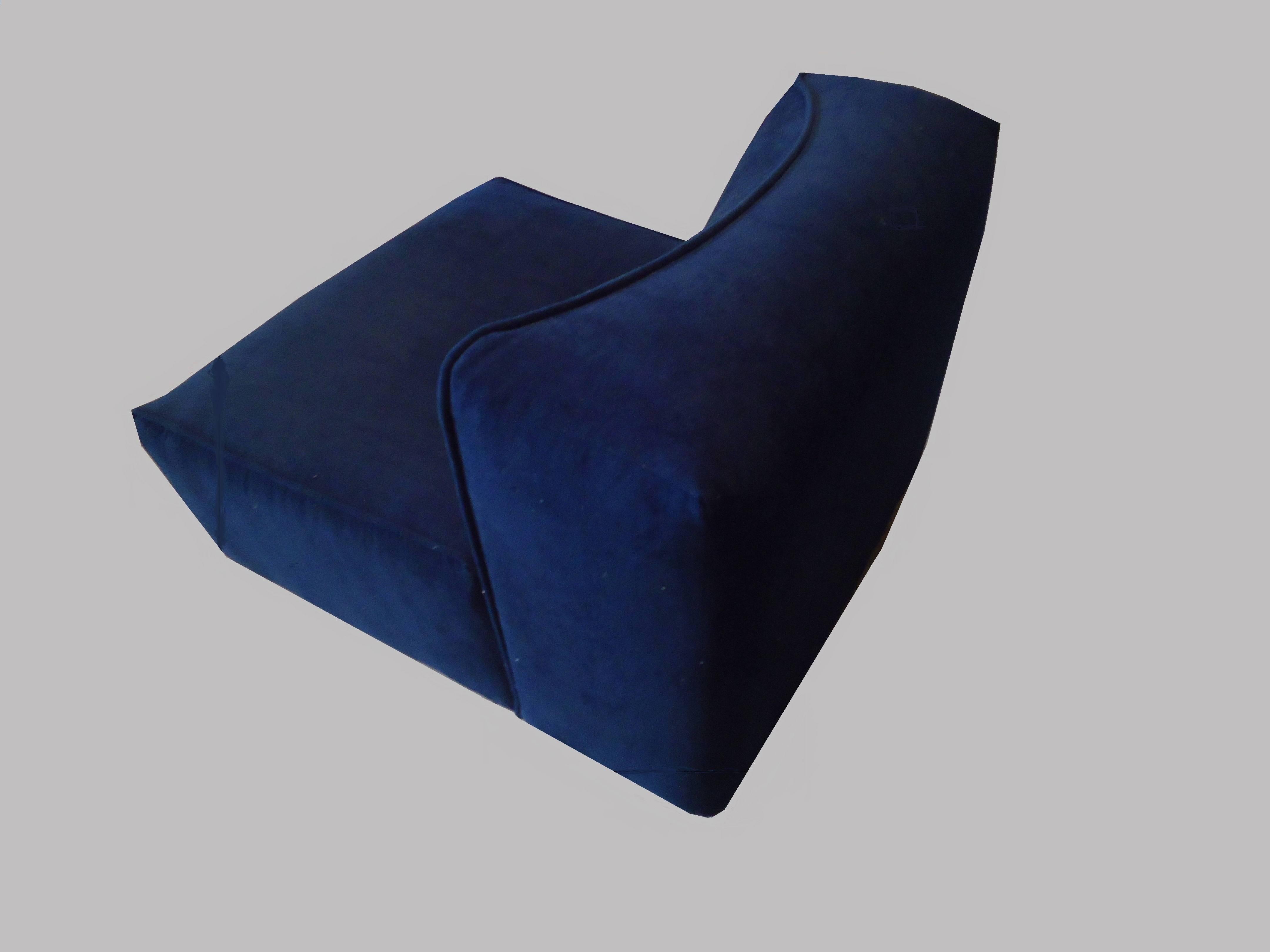 Blue Velvet Selectional Italian Sofa, Three Chair Pieces, 1970s 3