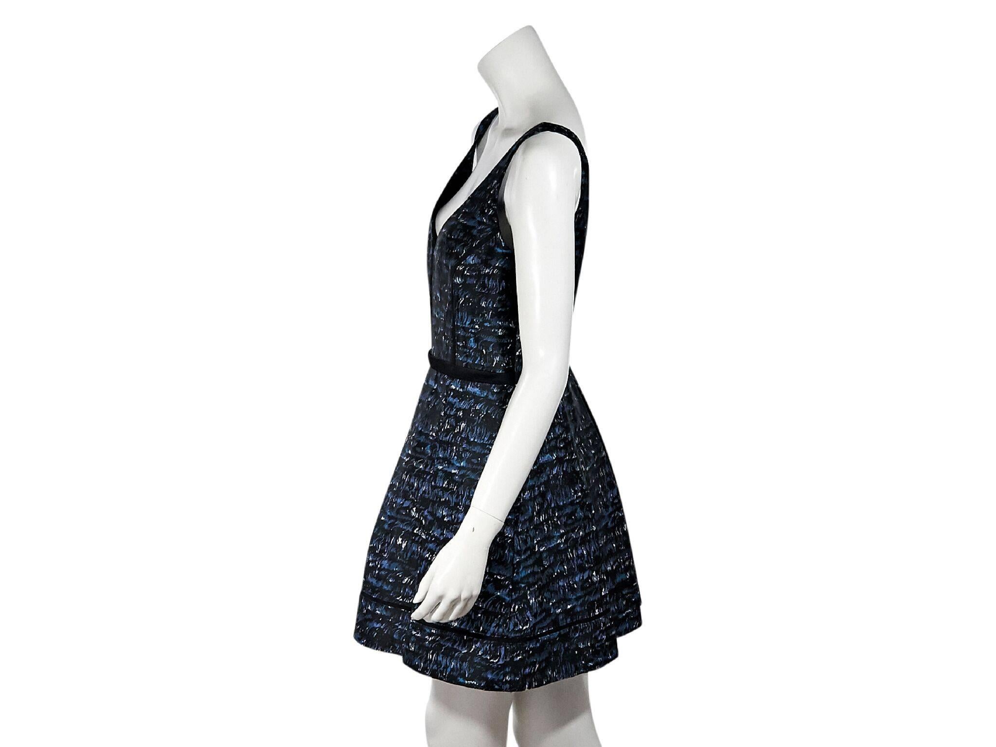 Product details:  Blue and black printed fit-and-flare dress by Proenza Schouler.  Deep v-neck.  Sleeveless.  Scoopback.  Pleated A-line skirting.  36