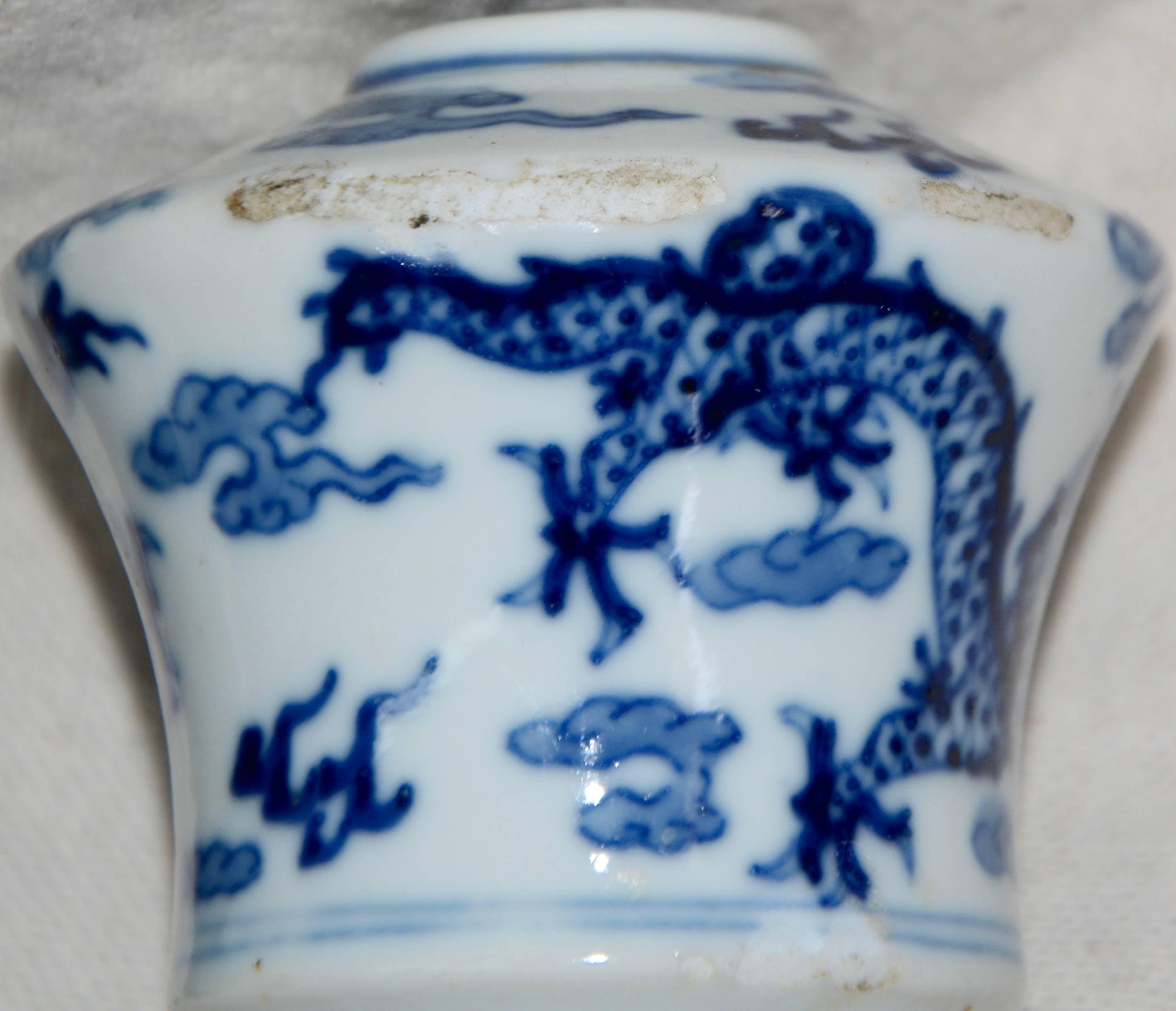 Blue and White Asian Ceramic Art Piece with Wooden Stand For Sale 3