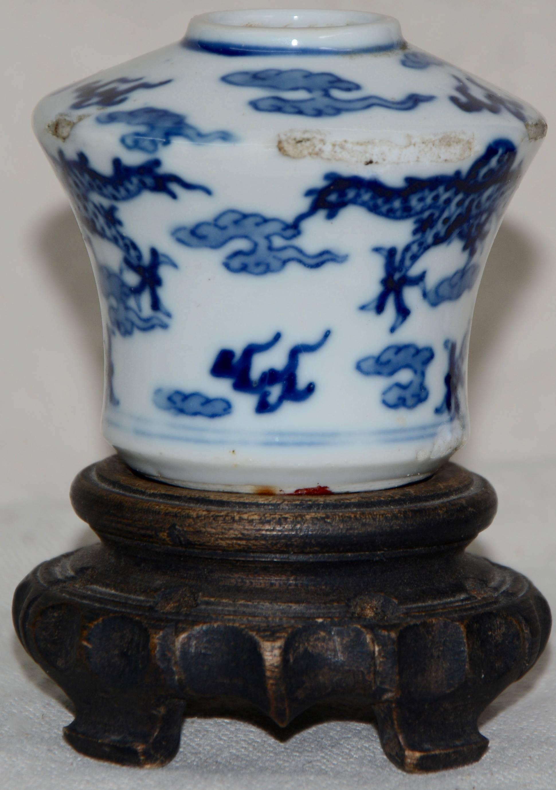 Chinese Export Blue and White Asian Ceramic Art Piece with Wooden Stand For Sale