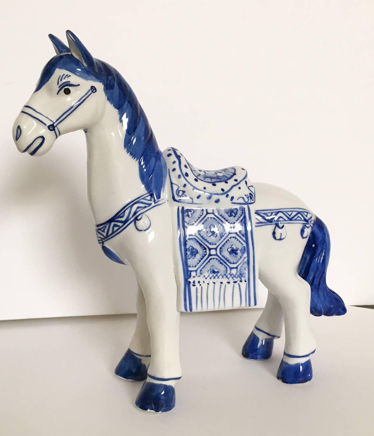 Chinoiserie Blue and White Chinese Horse Statues, Pair
