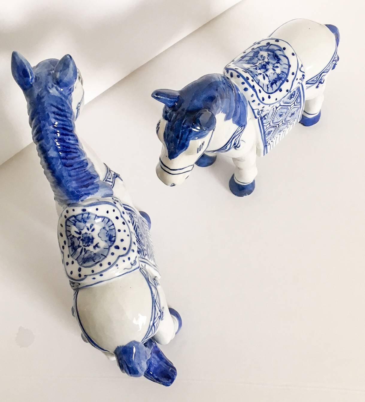 Glazed Blue and White Chinese Horse Statues, Pair