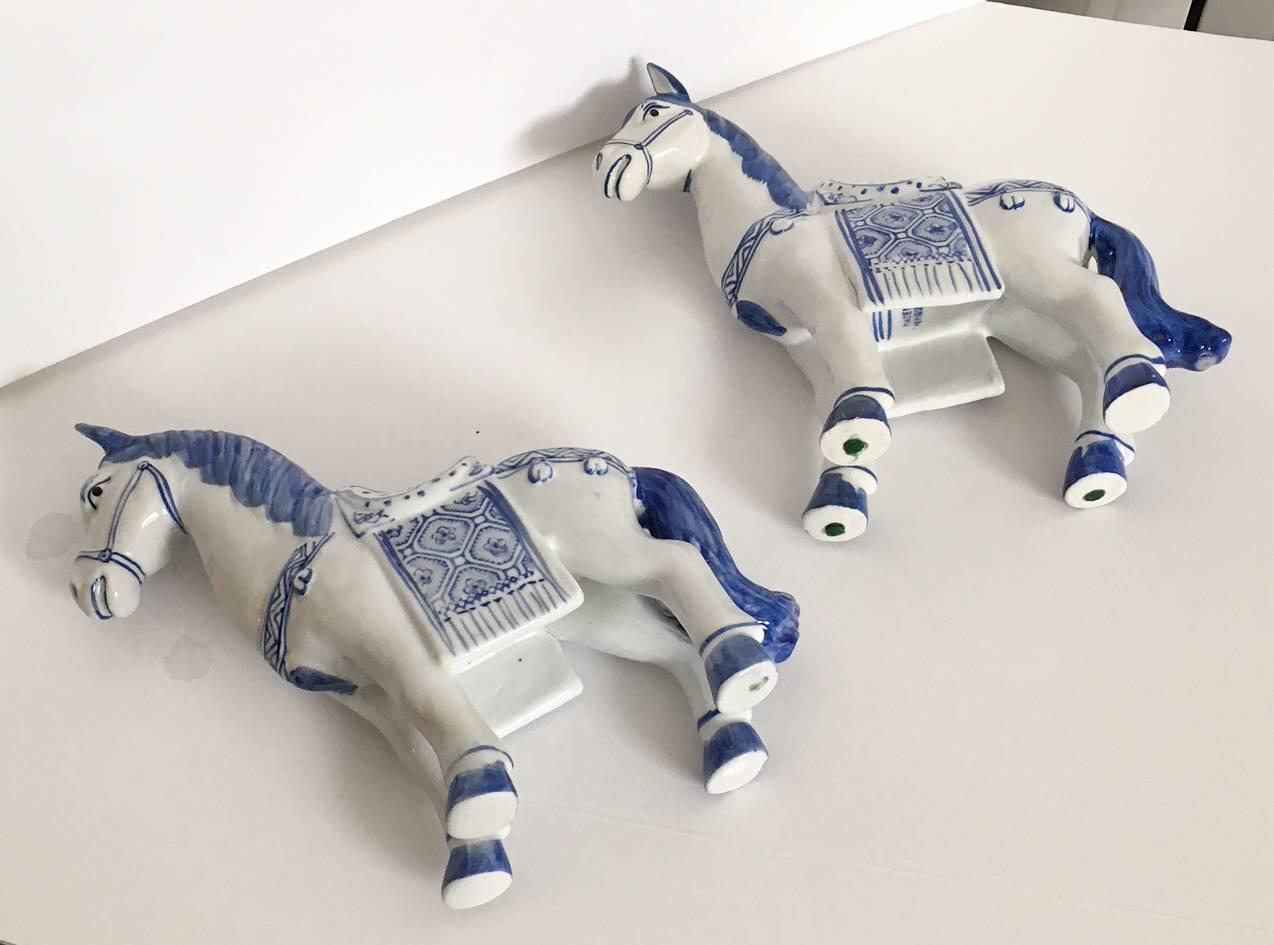 Blue and White Chinese Horse Statues, Pair In Excellent Condition In Richmond, VA