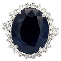 Blue 11.91ct Oval Sapphire and Diamond Ring in 14K White Gold