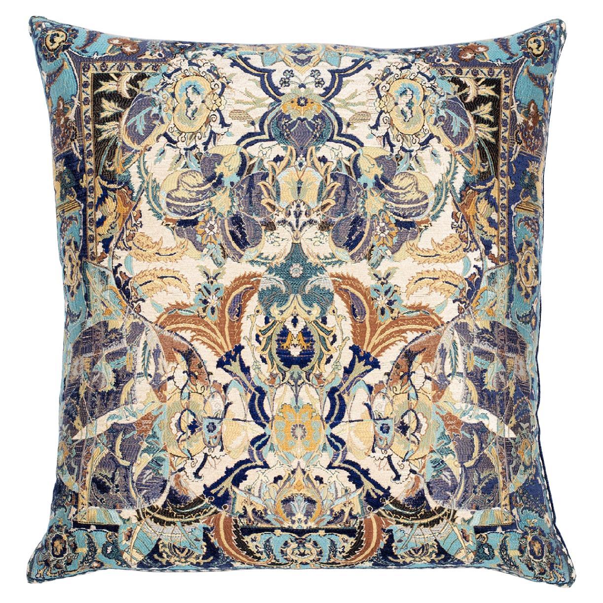 Woven Blue 17th Century Modern Skull Cushion with Blue Fringe by Knots Rugs For Sale