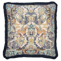 Blue 17th Century Modern Skull Cushion with Blue Fringe by Knots Rugs
