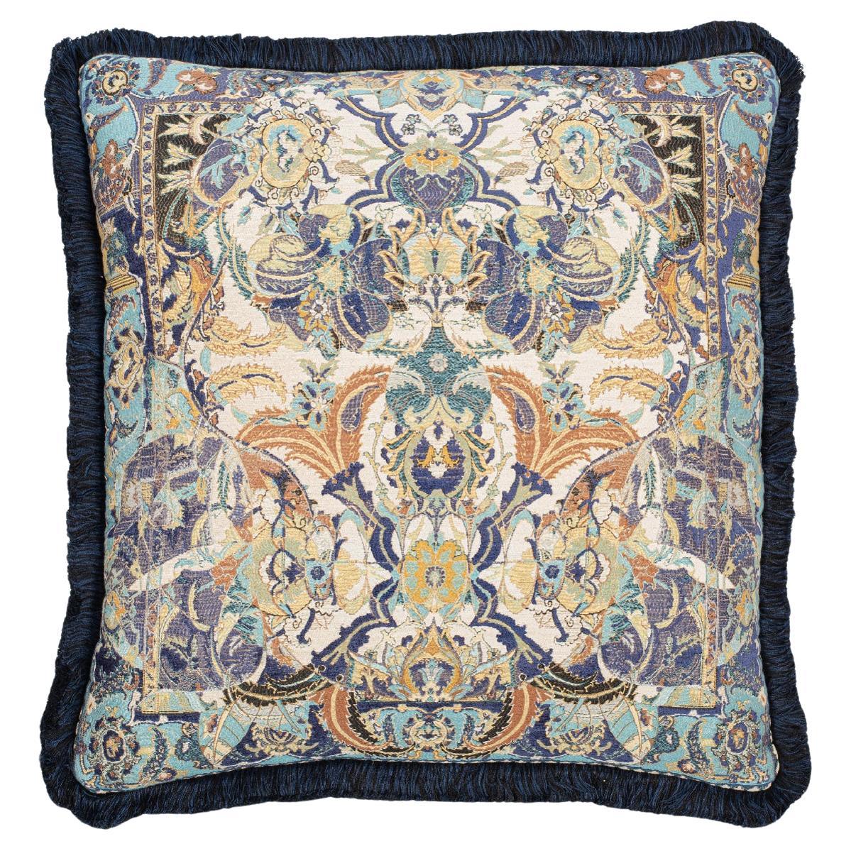 Turkish Blue 17th Century Modern Skull Cushion with Gold Fringe by Knots Rugs For Sale