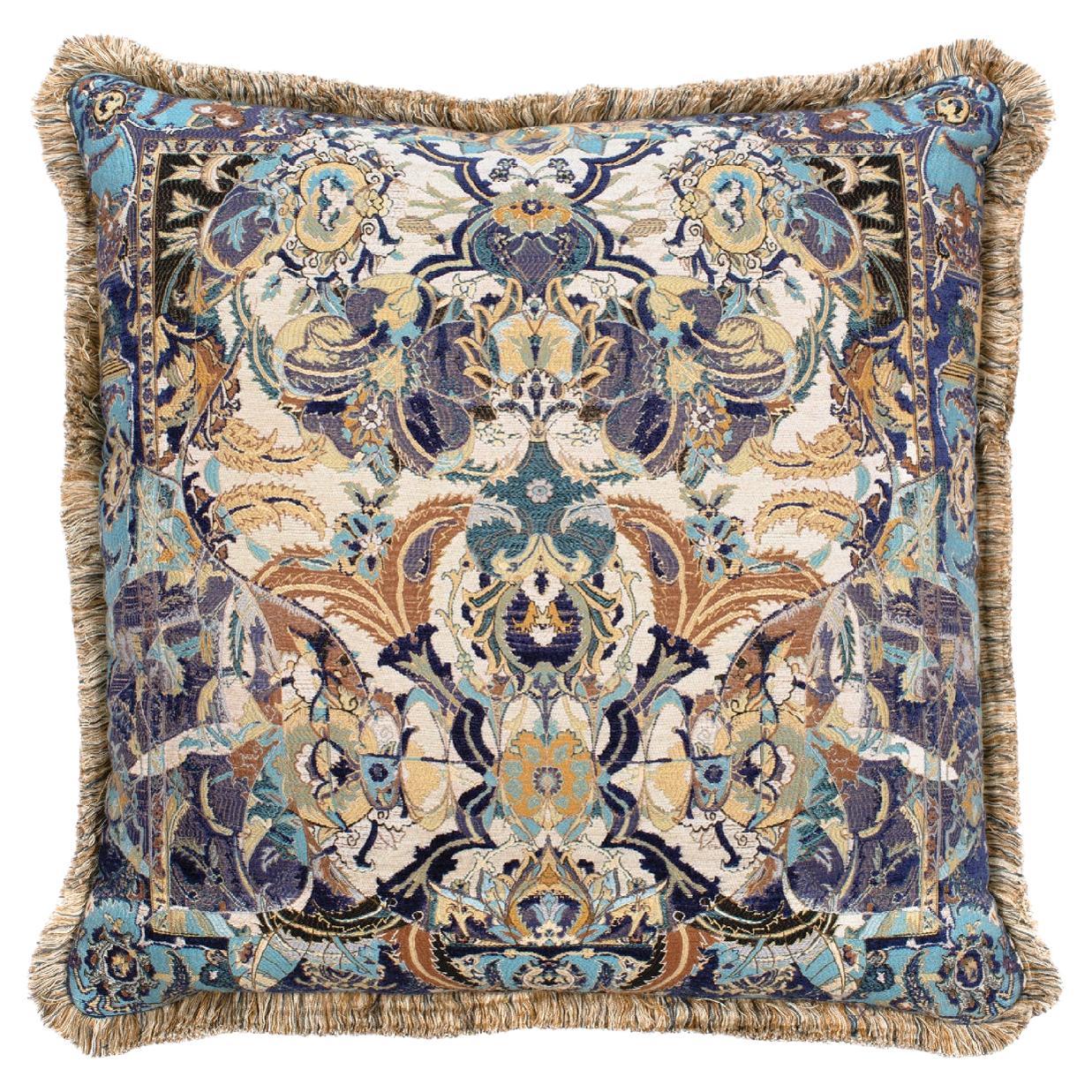 Blue 17th Century Modern Skull Cushion with Gold Fringe by Knots Rugs