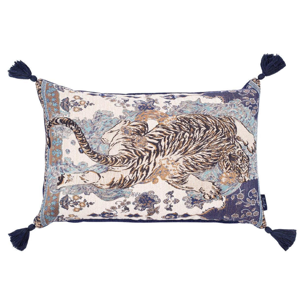 Blue 17th Century Tibetan Tiger Cushion with Tassels by Knots Rugs For Sale