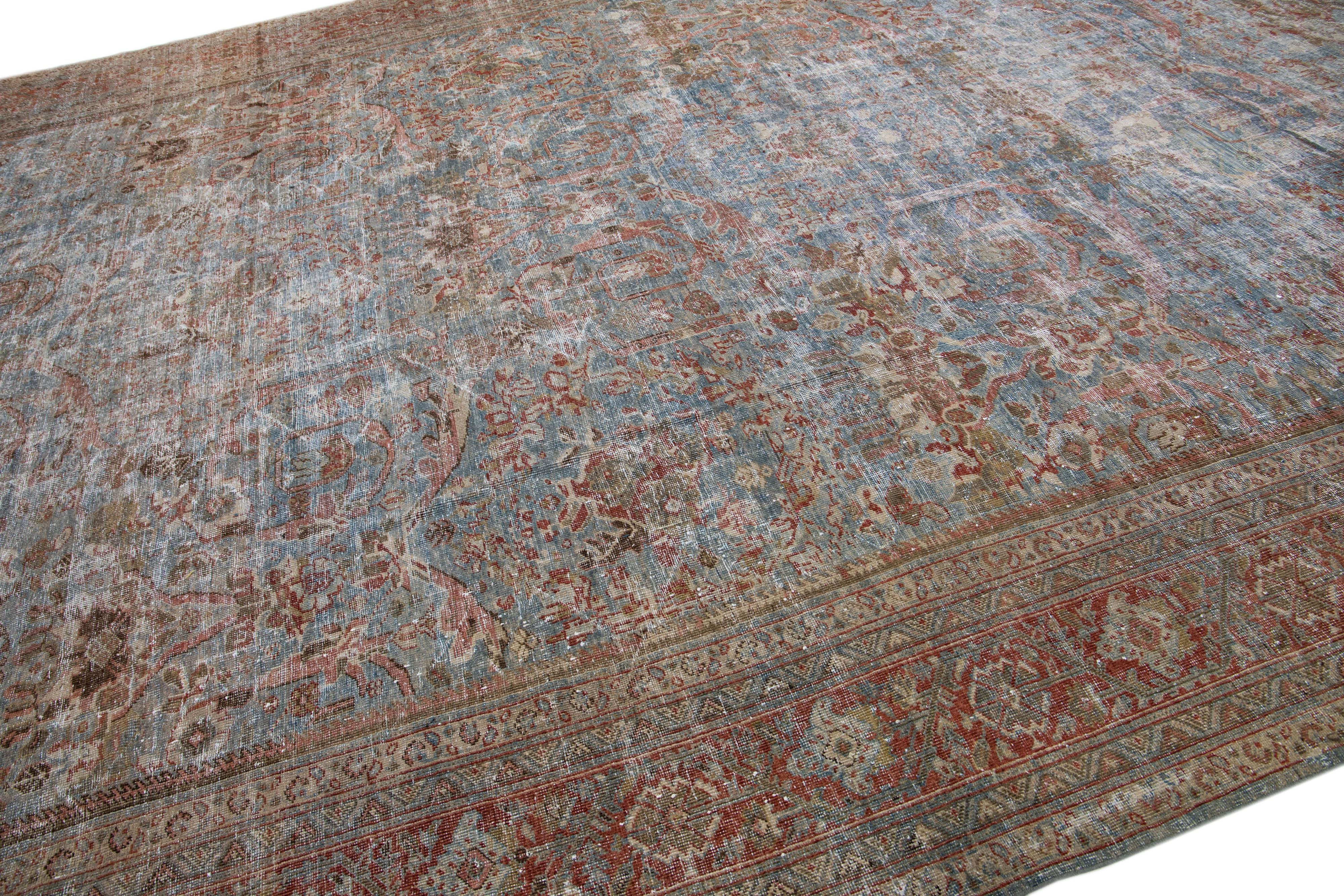 Hand-Knotted Blue 1900s Handmade Antique Persian Mahal Wool Rug With Allover Design For Sale