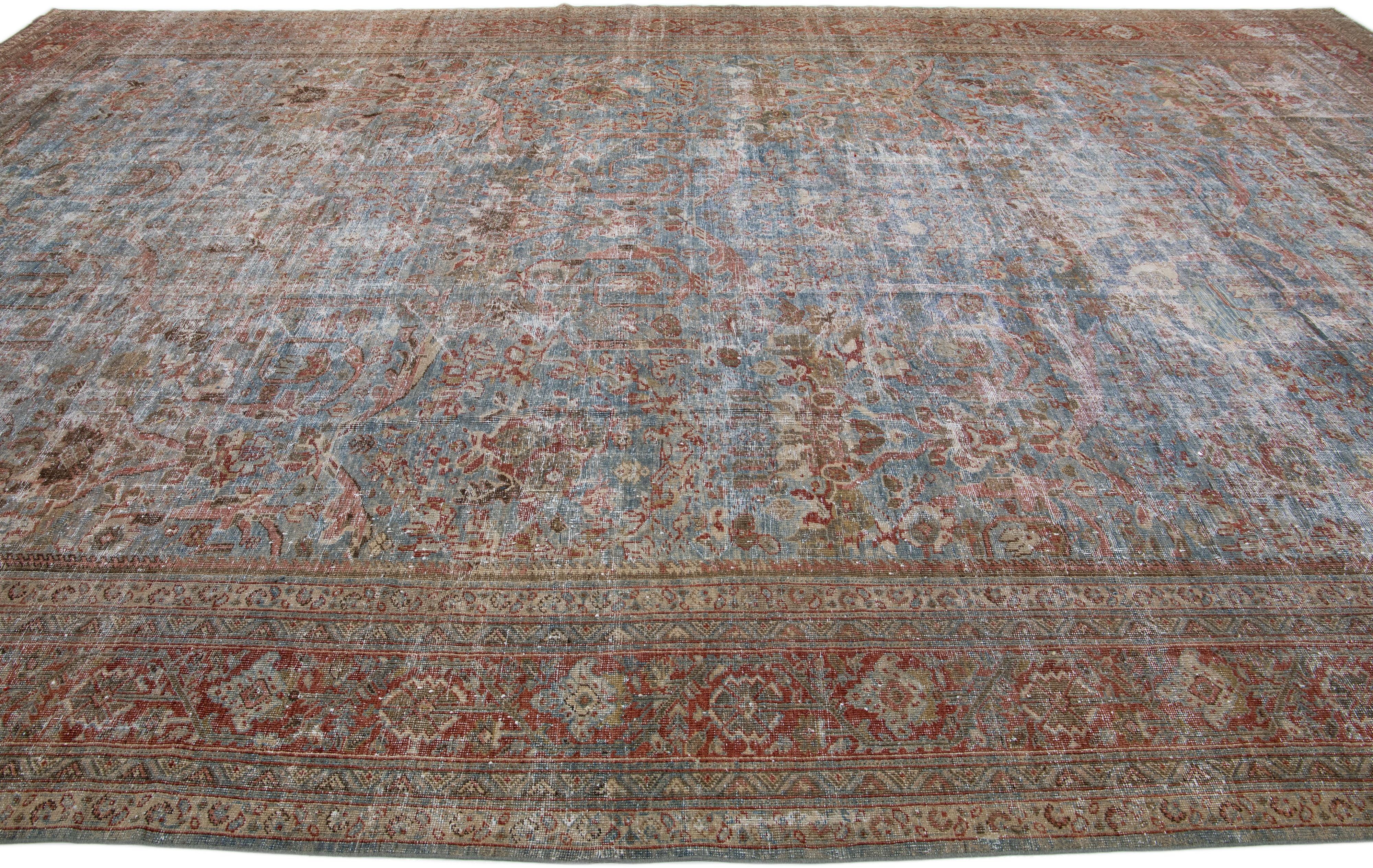 Blue 1900s Handmade Antique Persian Mahal Wool Rug With Allover Design In Distressed Condition For Sale In Norwalk, CT
