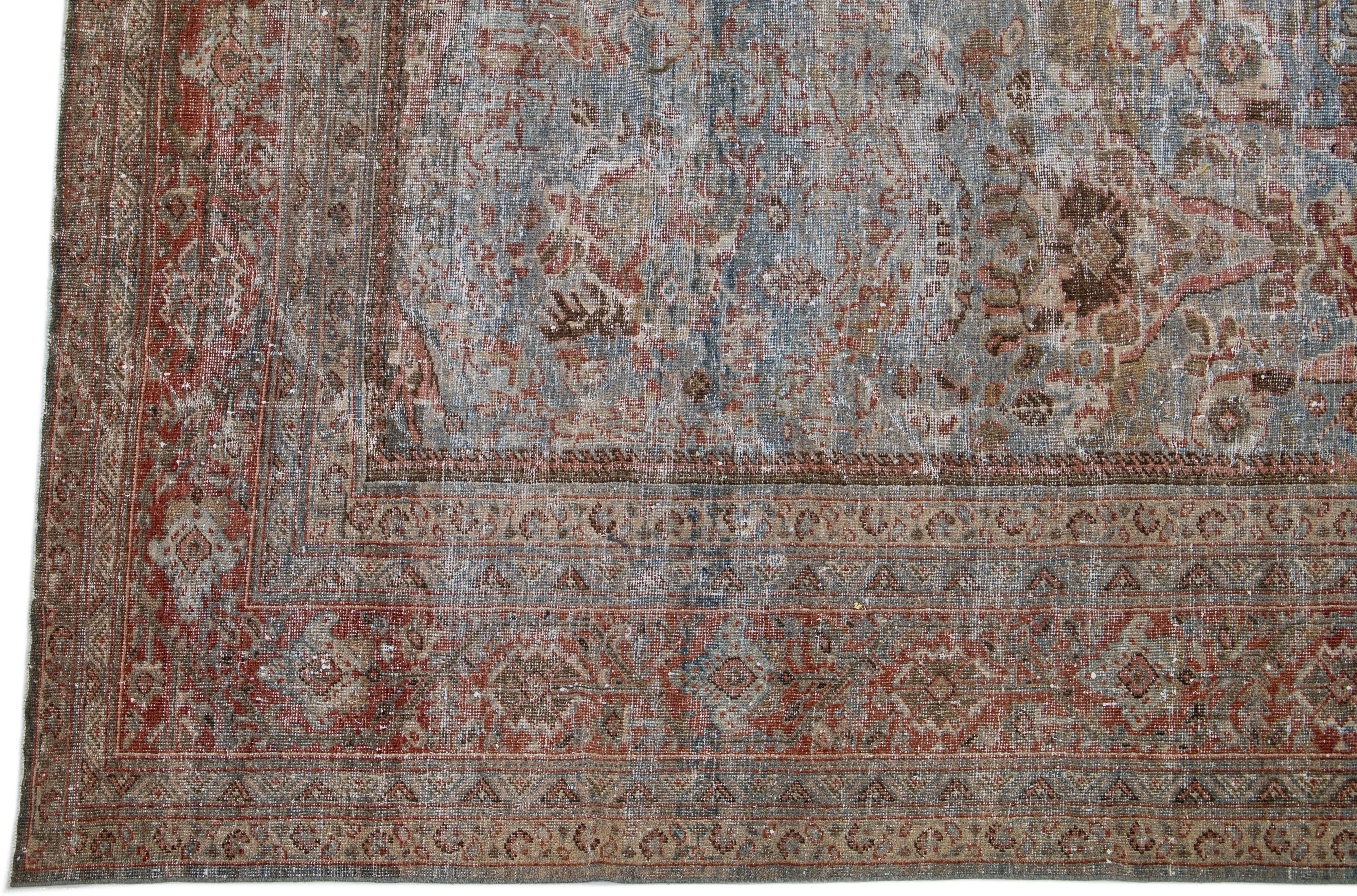 20th Century Blue 1900s Handmade Antique Persian Mahal Wool Rug With Allover Design For Sale