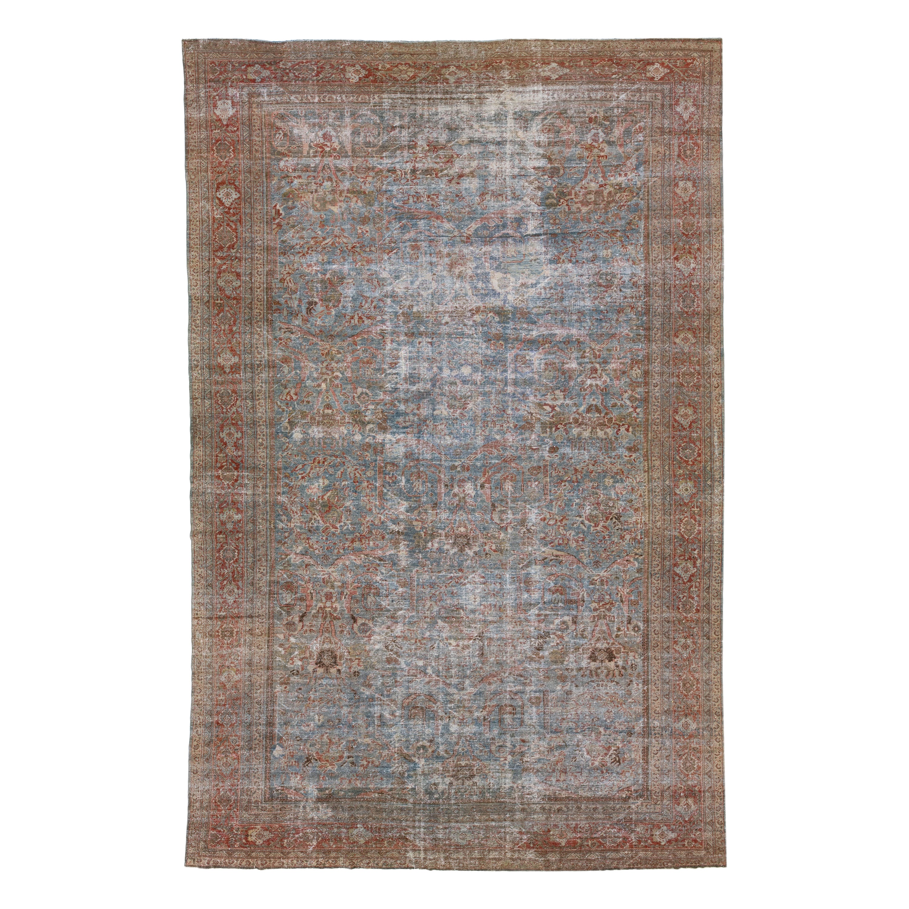 Blue 1900s Handmade Antique Persian Mahal Wool Rug With Allover Design