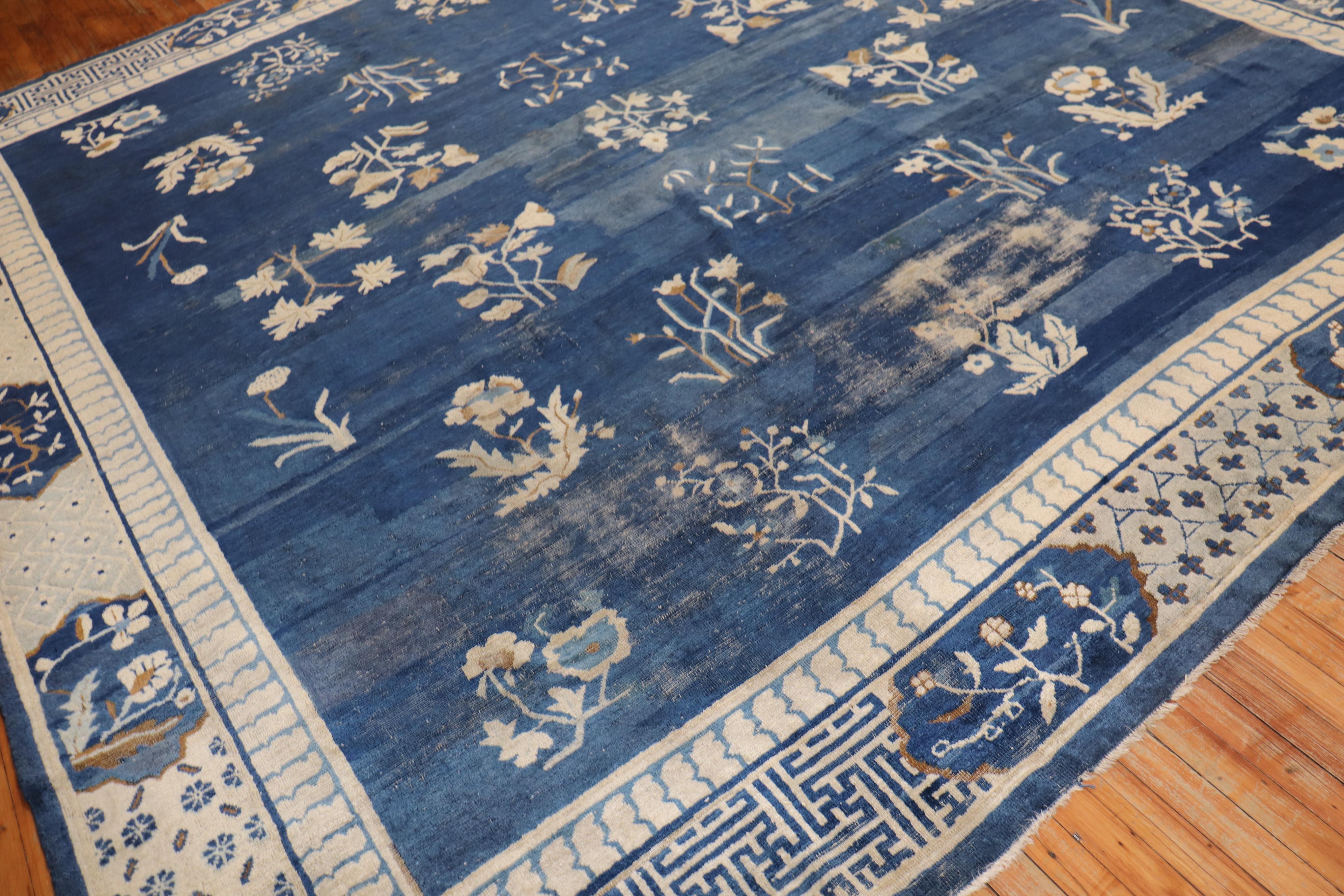 Chinoiserie Blue Early 20th Century Large Chinese Square Rug For Sale