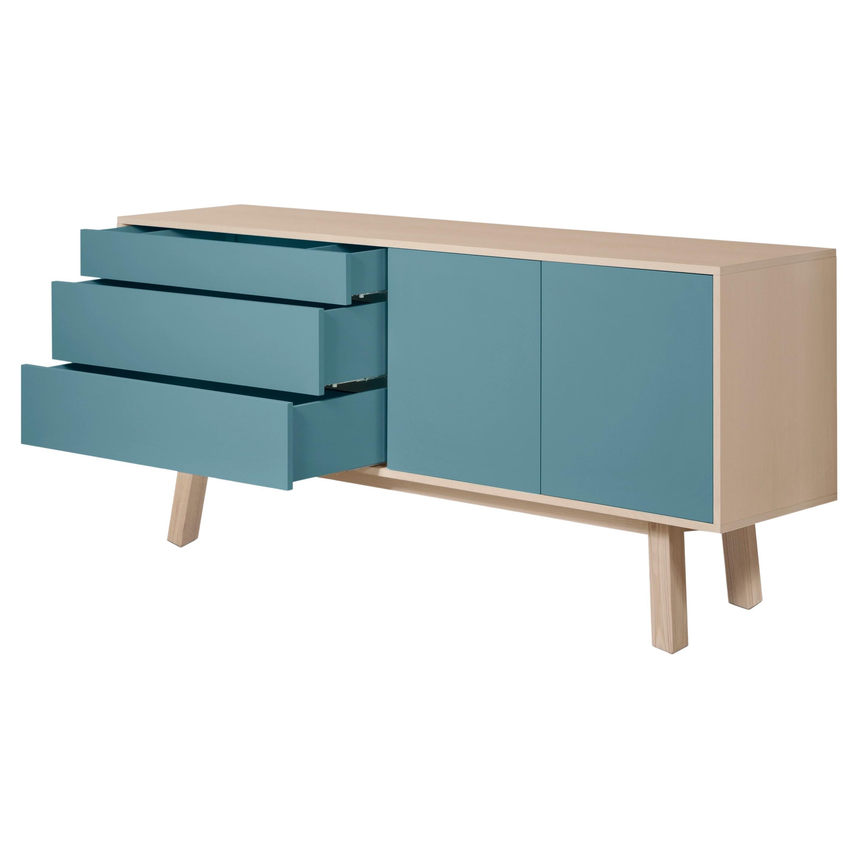 Blaues 2-türen-Buffet mit 3 Schubladen aus Eschenholz, Design Eric Gizard – Paris