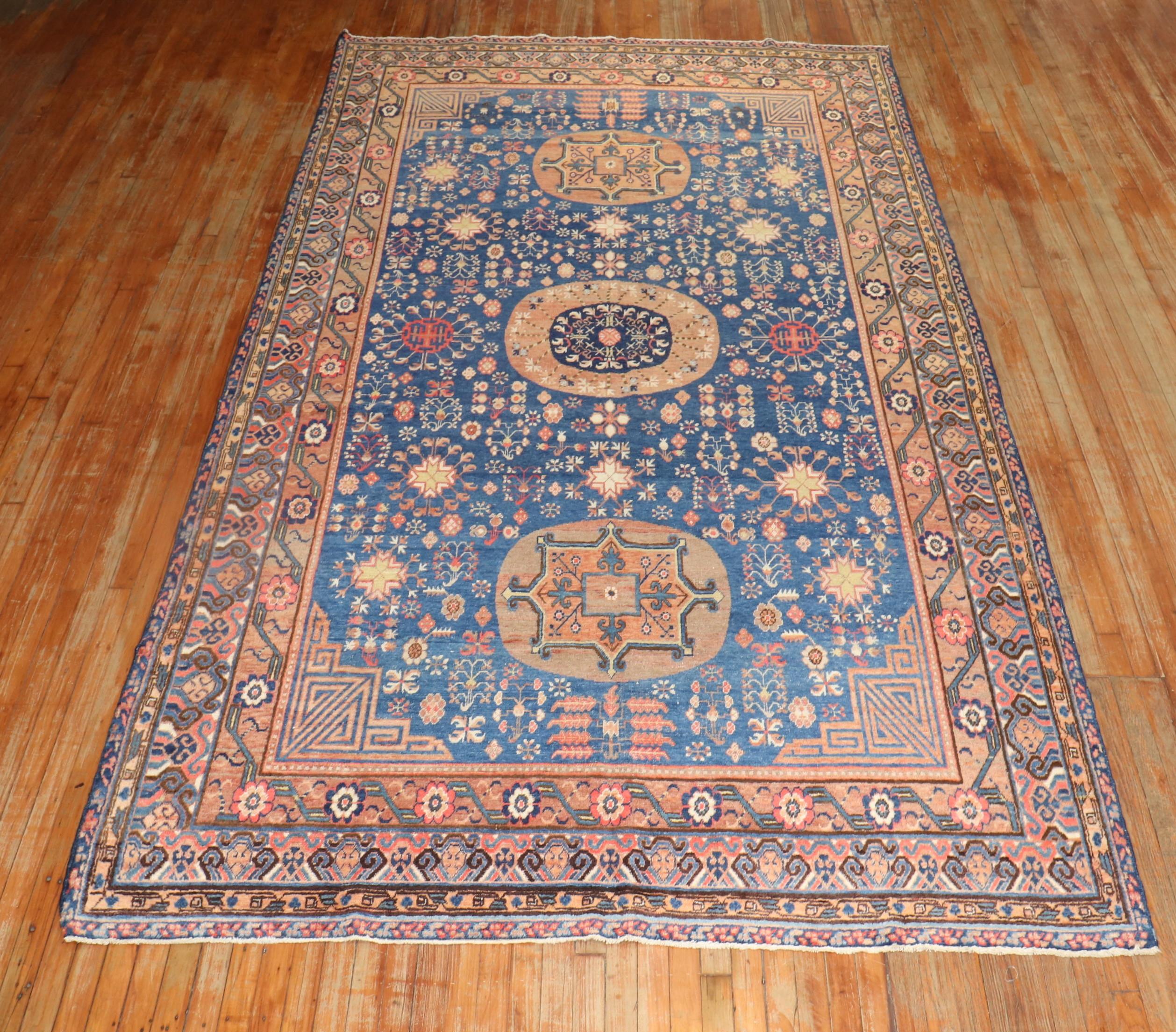 Chinese Chippendale Blue 20th Century Khotan Antique Gallery Rug For Sale