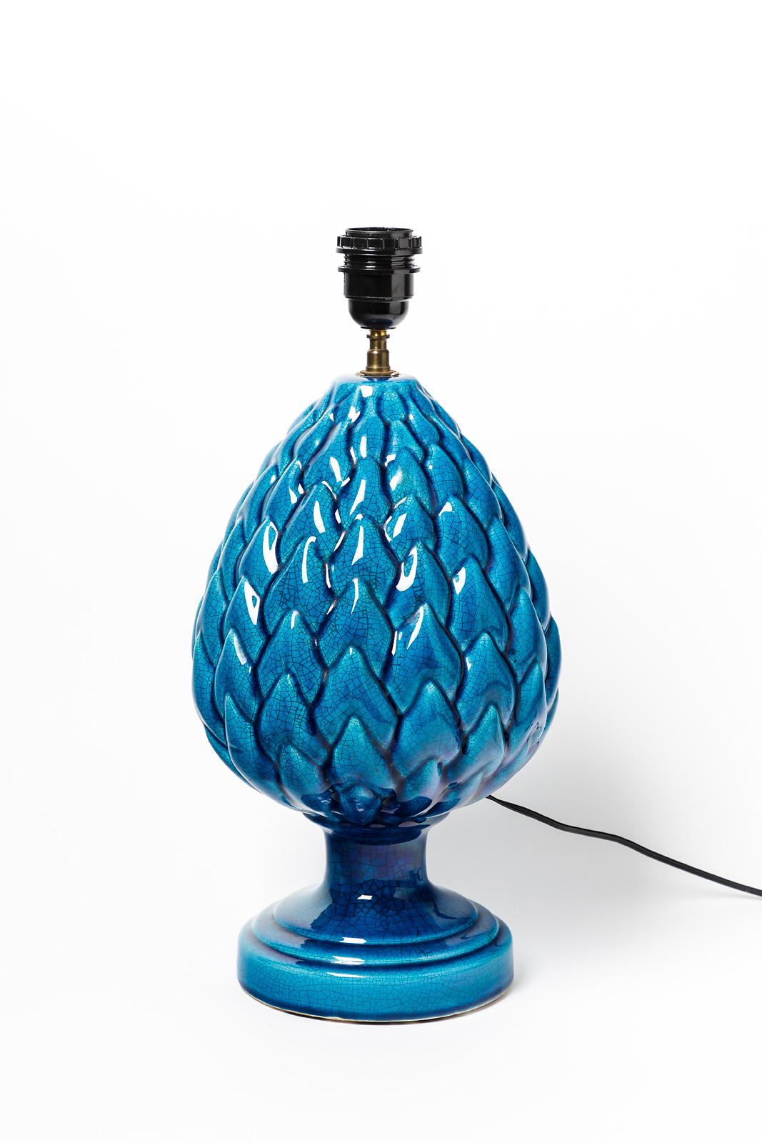 Mid-Century Modern Blue 20th Century Pineapple or Pine Cone Ceramic Table Lamp Att. to Pol Chambos For Sale