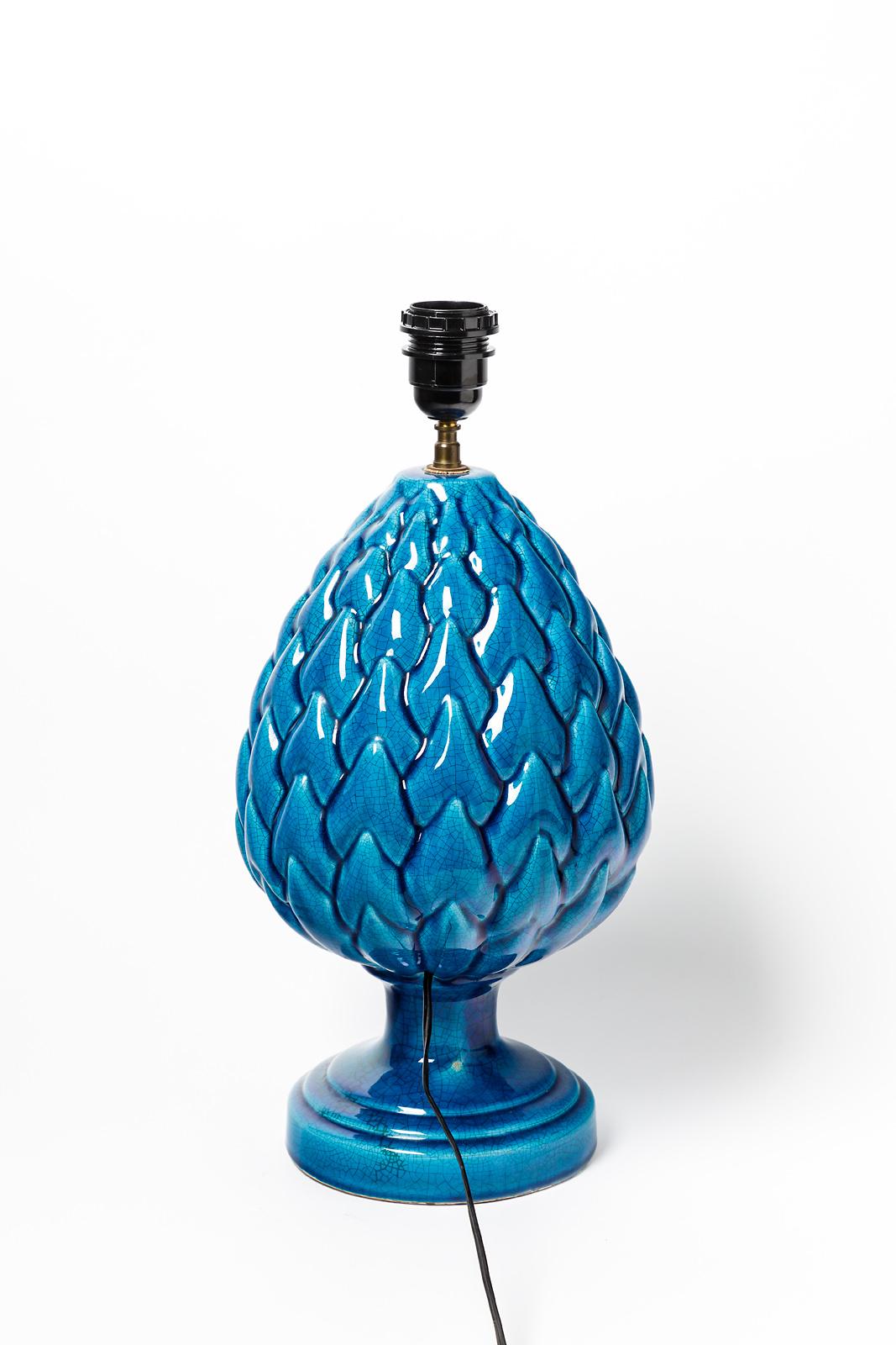 French Blue 20th Century Pineapple or Pine Cone Ceramic Table Lamp Att. to Pol Chambos For Sale