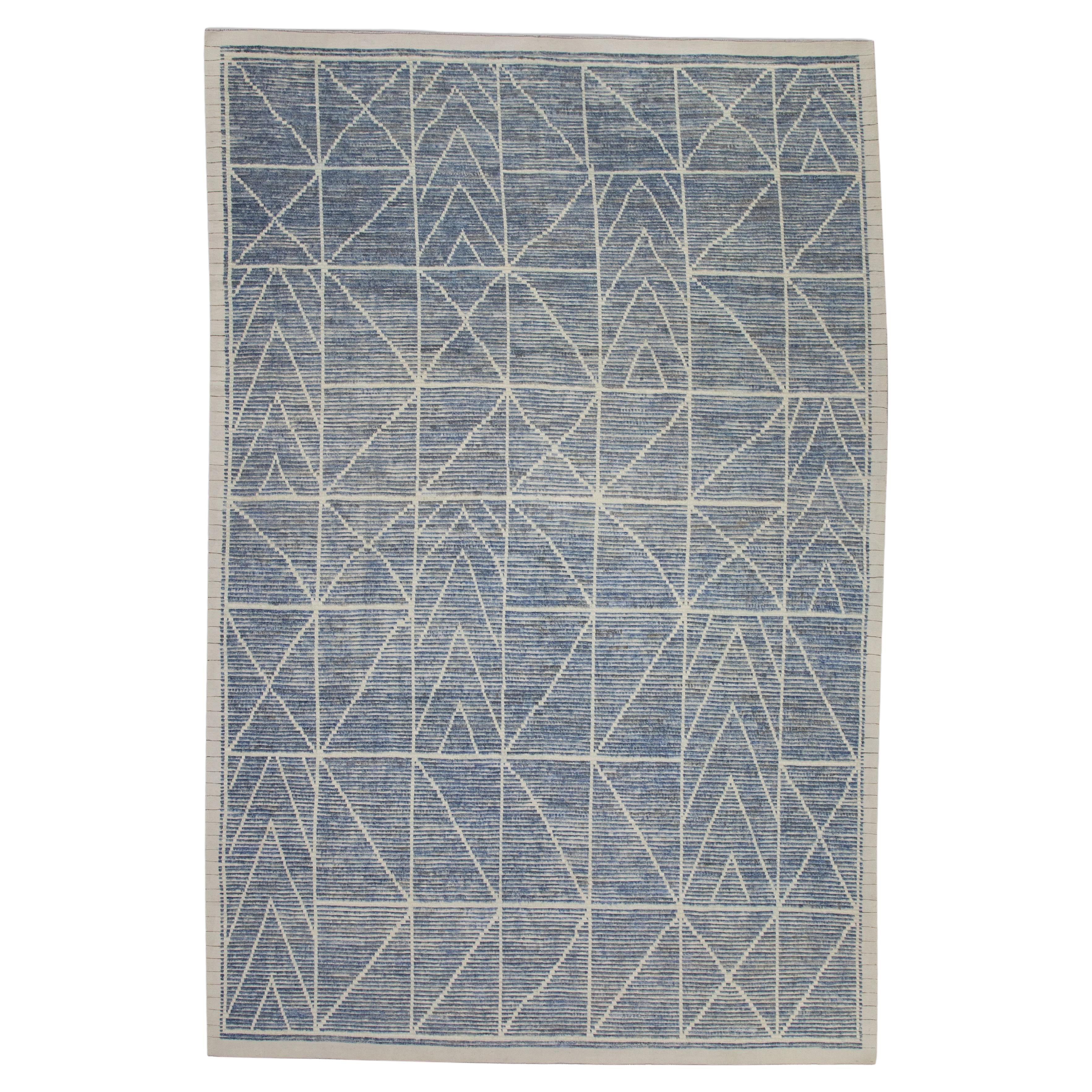 Blue 21st Century Modern Moroccan Style Wool Rug 8'9" X 12'8" For Sale