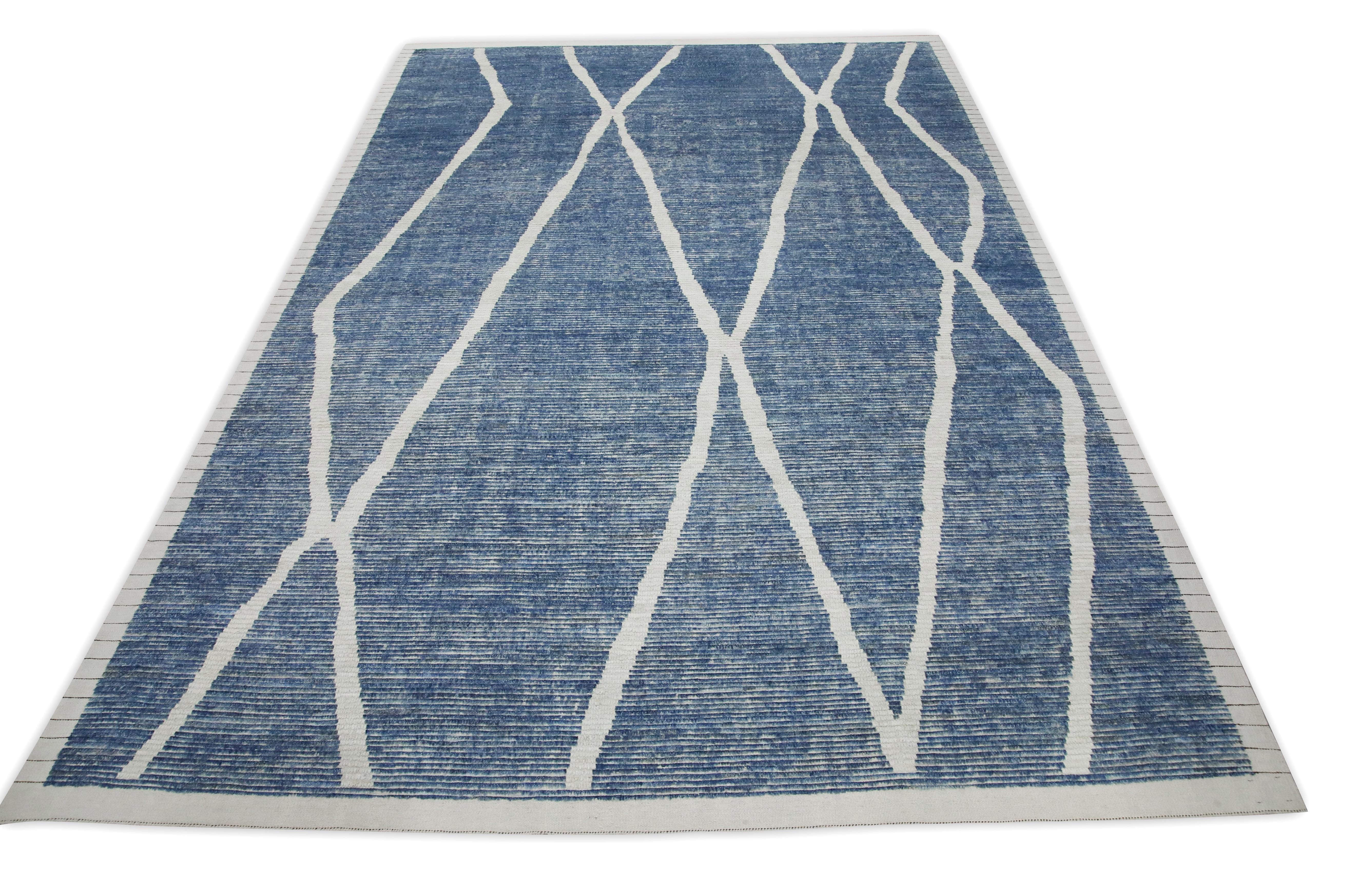 Contemporary Blue 21st Century Modern Moroccan Style Wool Rug 9'1