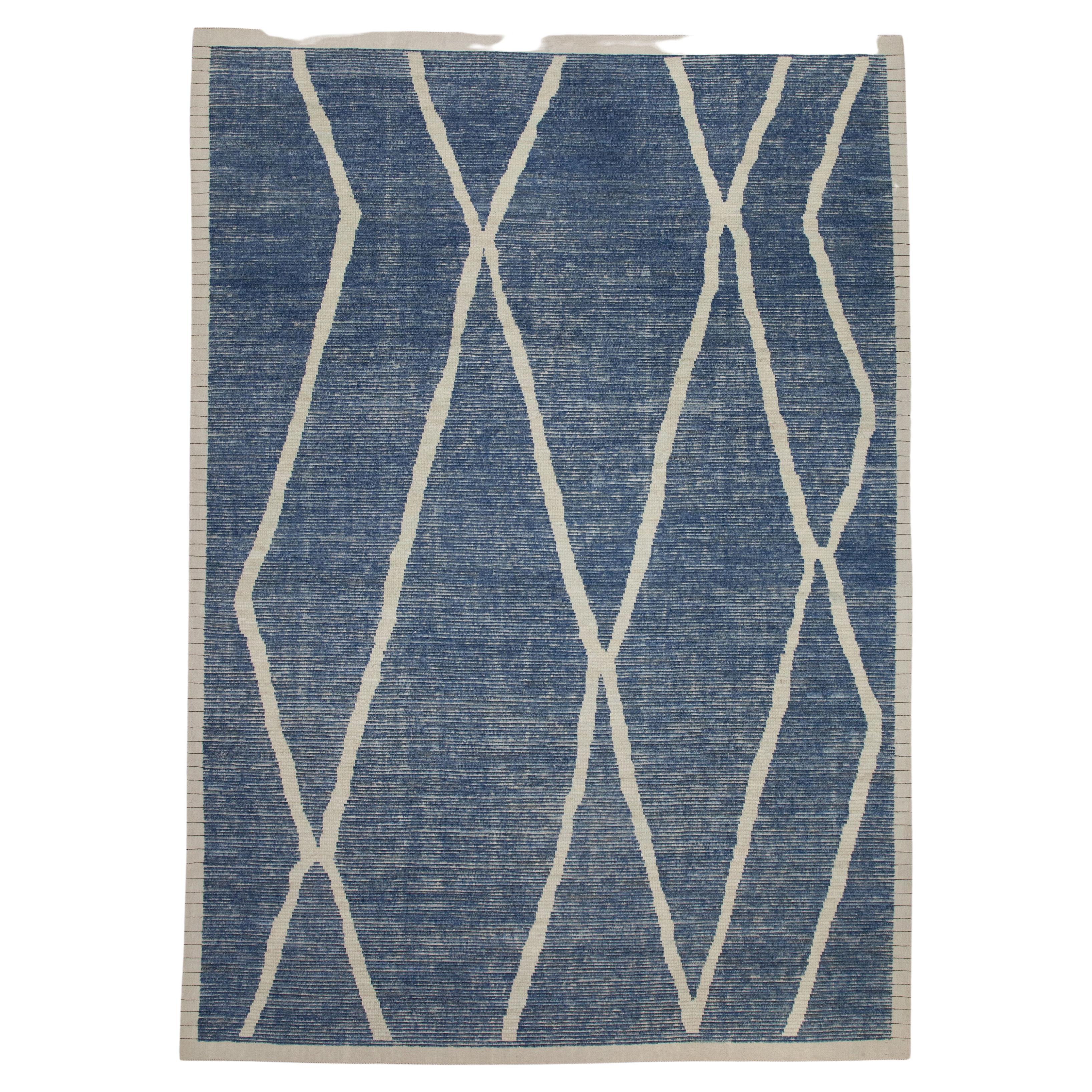Blue 21st Century Modern Moroccan Style Wool Rug 9'1" X 12'9" For Sale