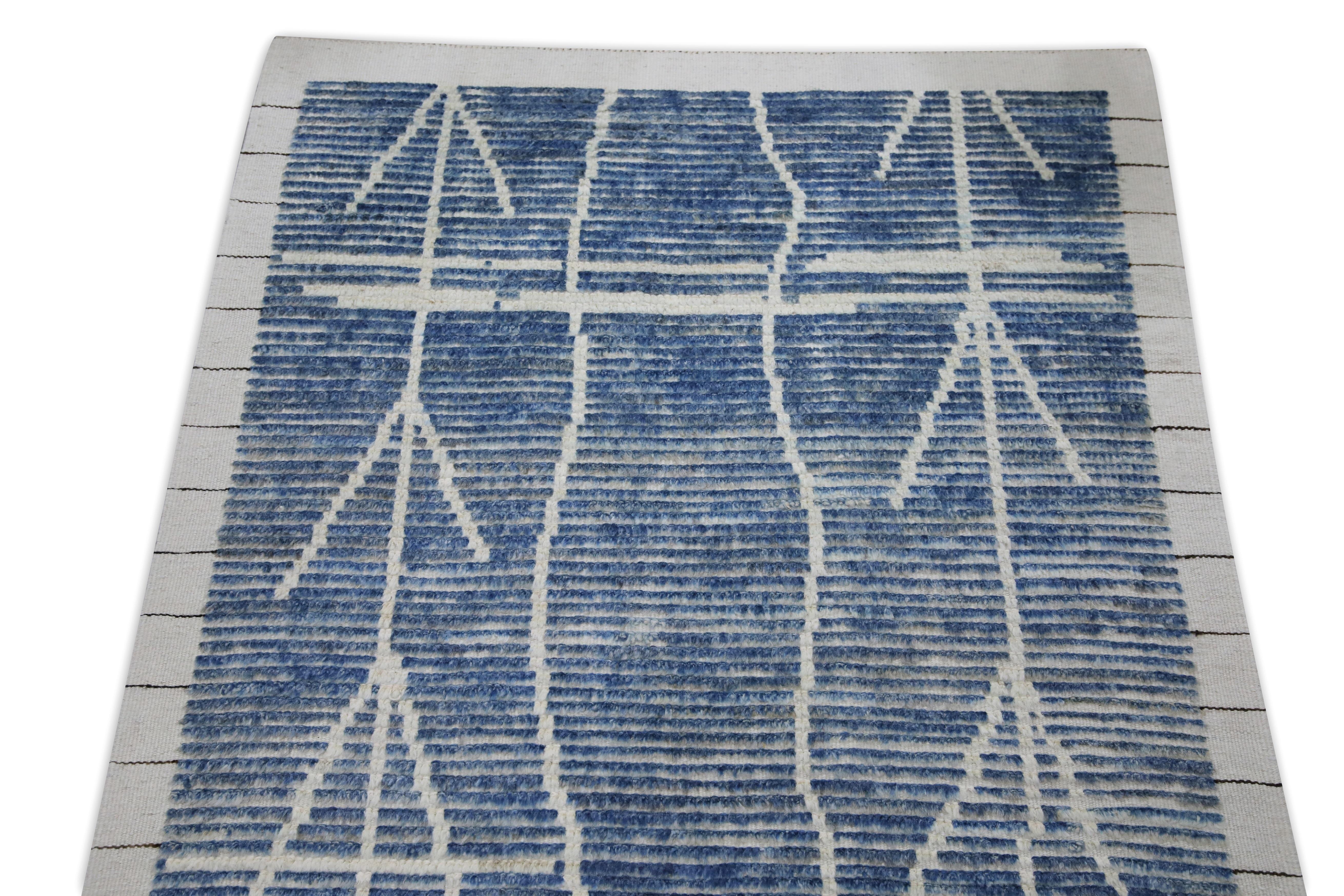 Vegetable Dyed Blue 21st Century Modern Moroccan Style Wool Runner 2'11