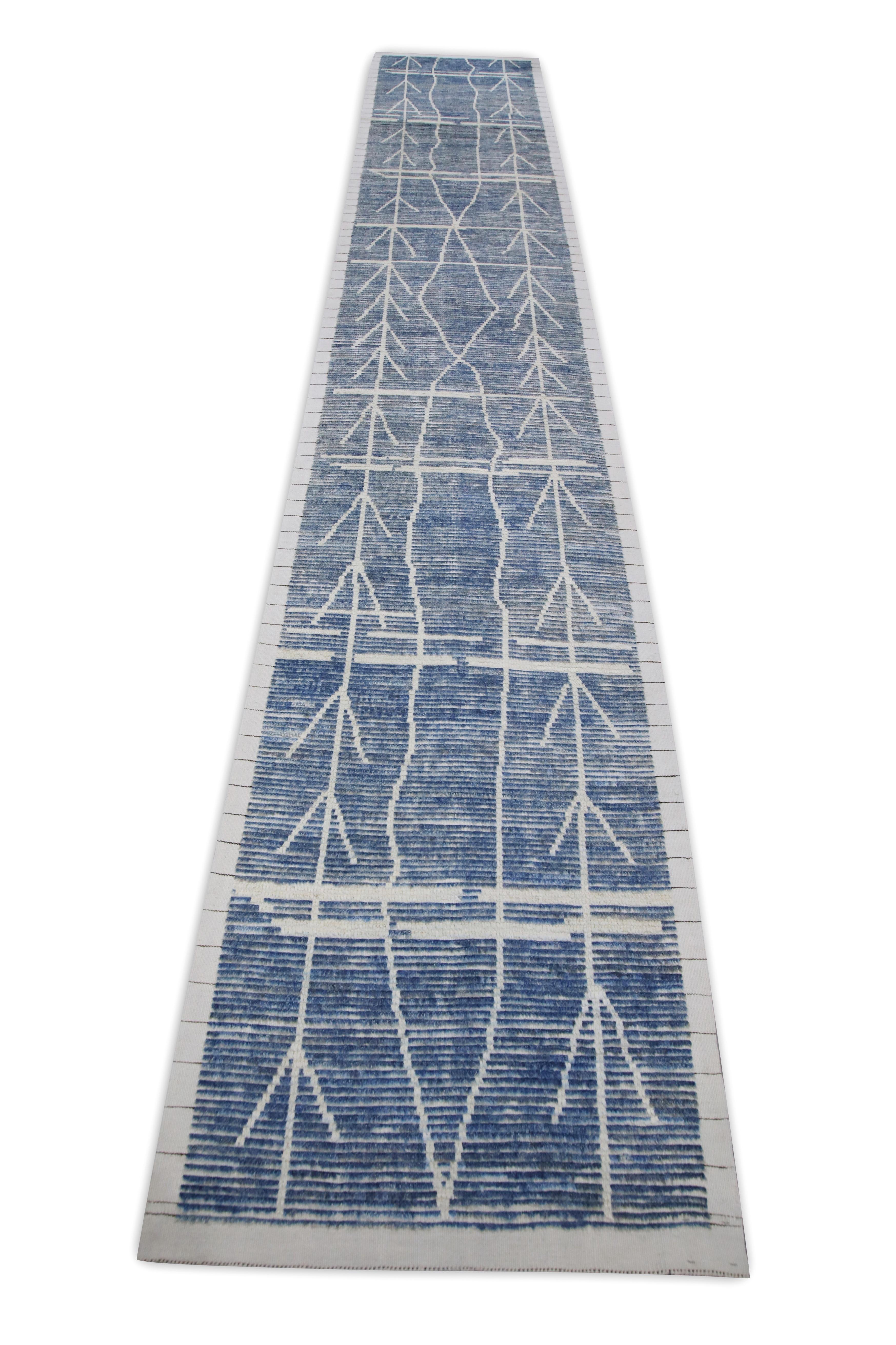 Contemporary Blue 21st Century Modern Moroccan Style Wool Runner 2'11