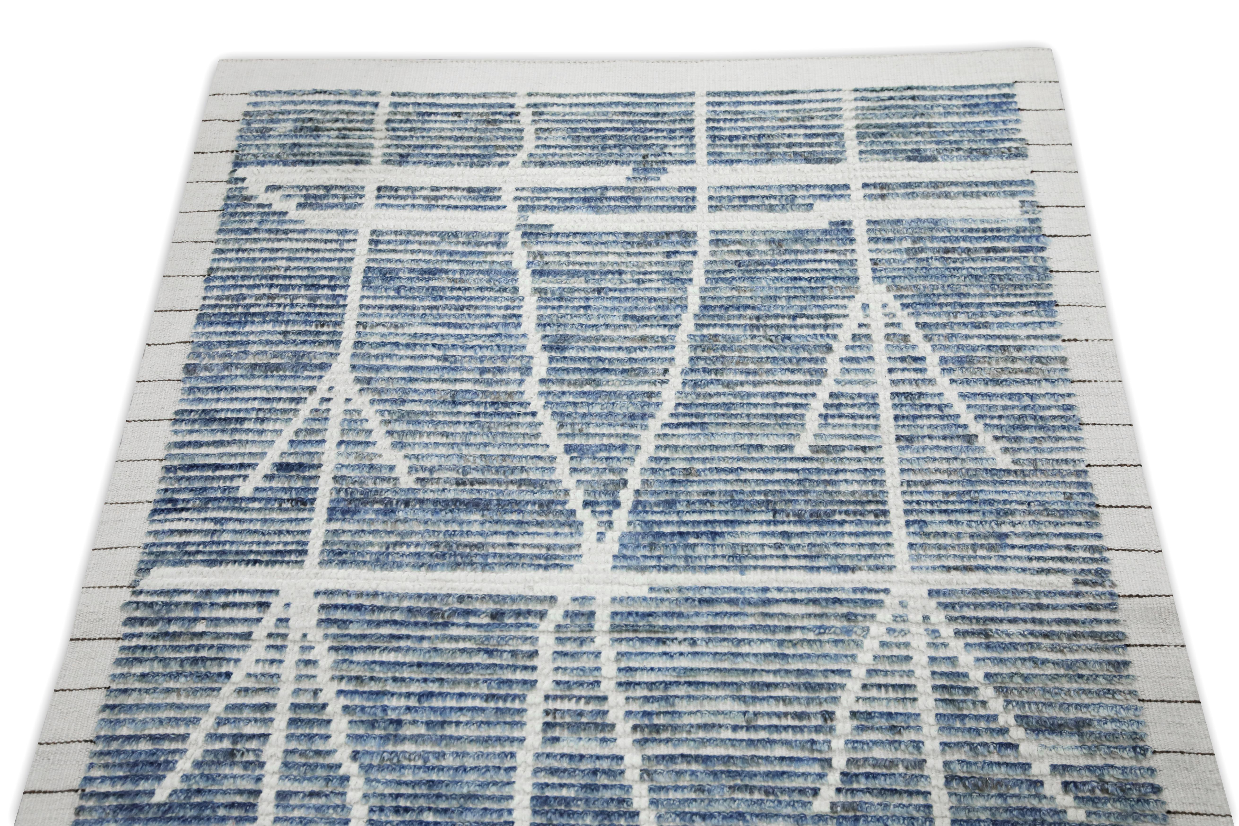 Vegetable Dyed Blue 21st Century Modern Moroccan Style Wool Runner 3' X 12'7