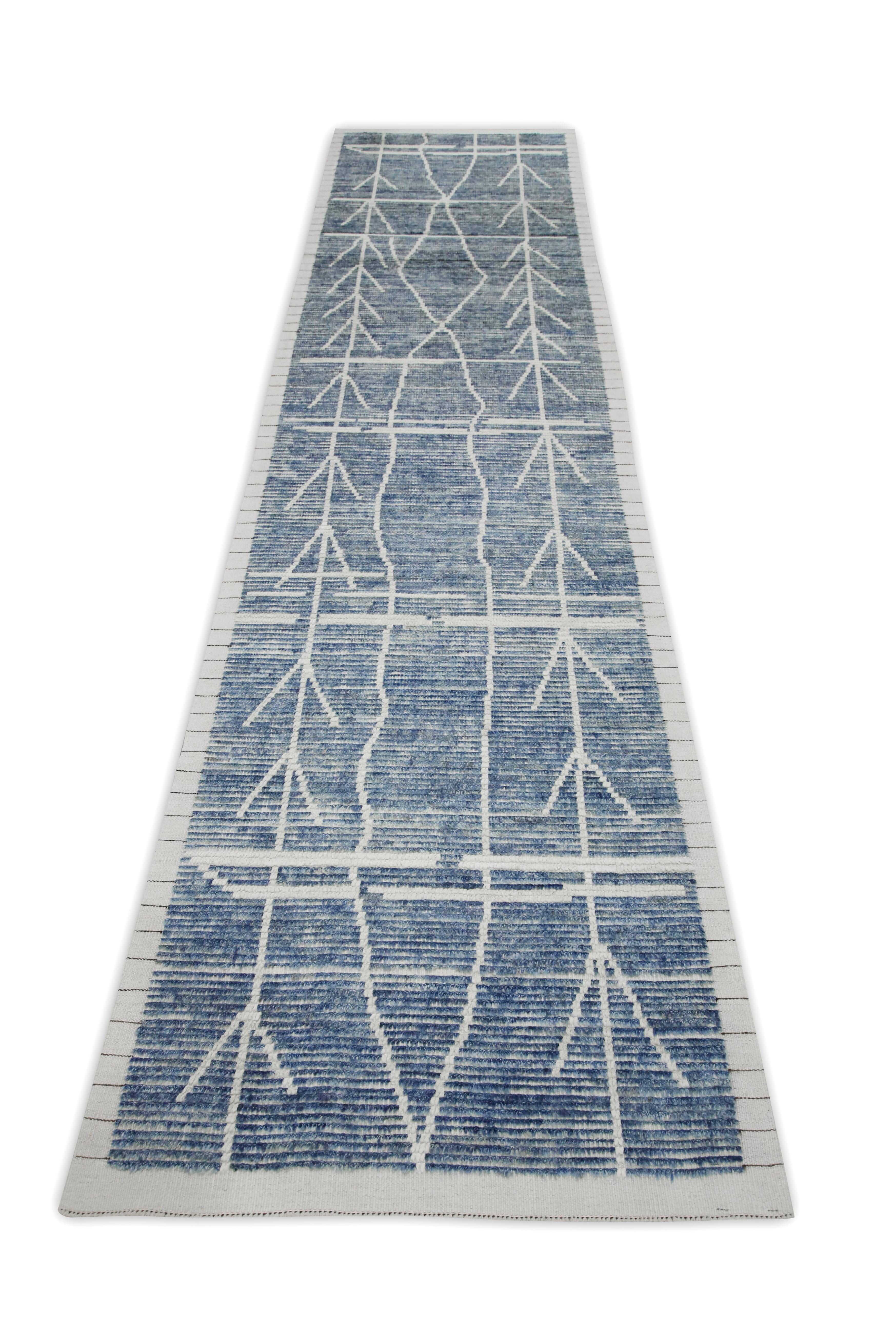 Contemporary Blue 21st Century Modern Moroccan Style Wool Runner 3' X 12'7