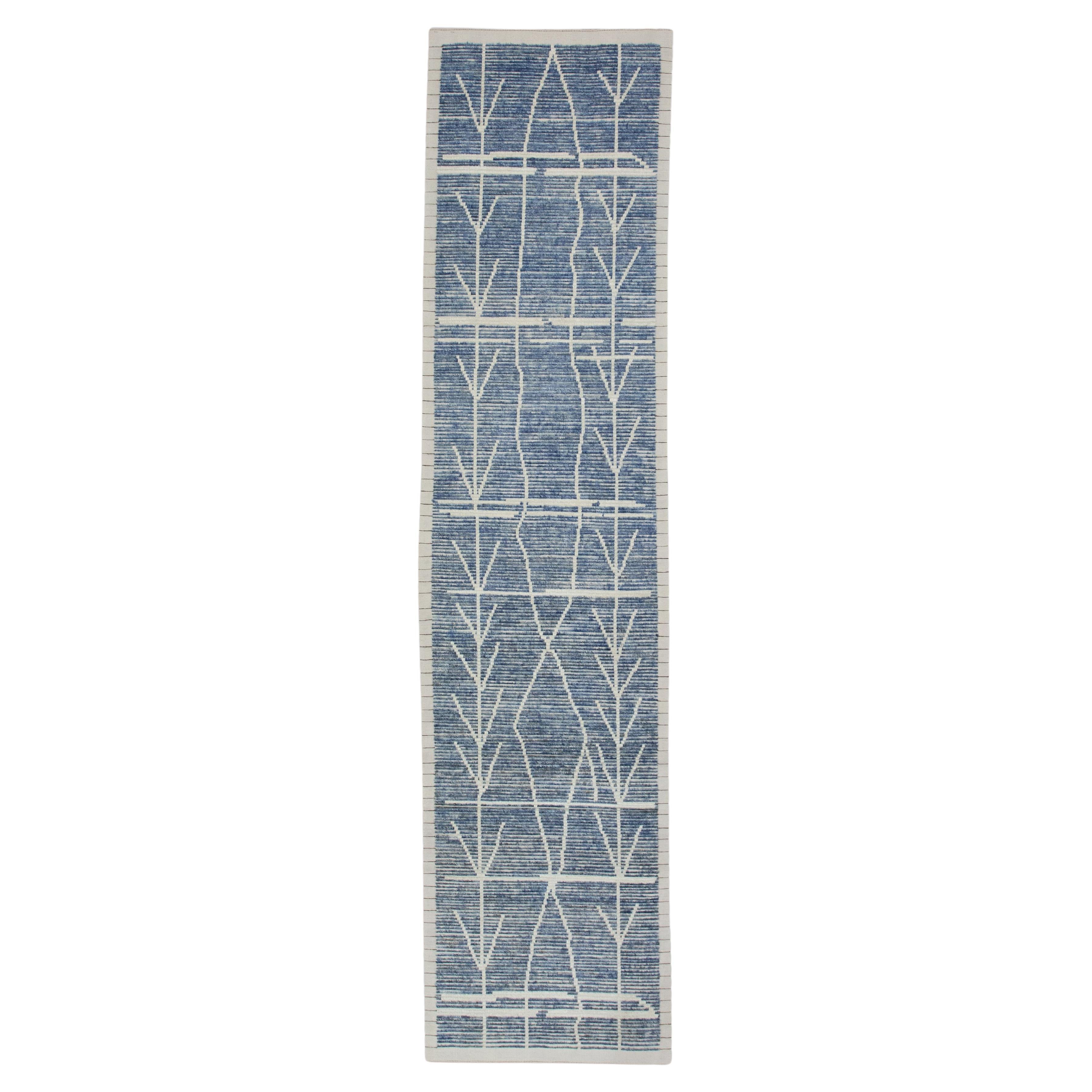 Blue 21st Century Modern Moroccan Style Wool Runner 3' X 12'7" For Sale