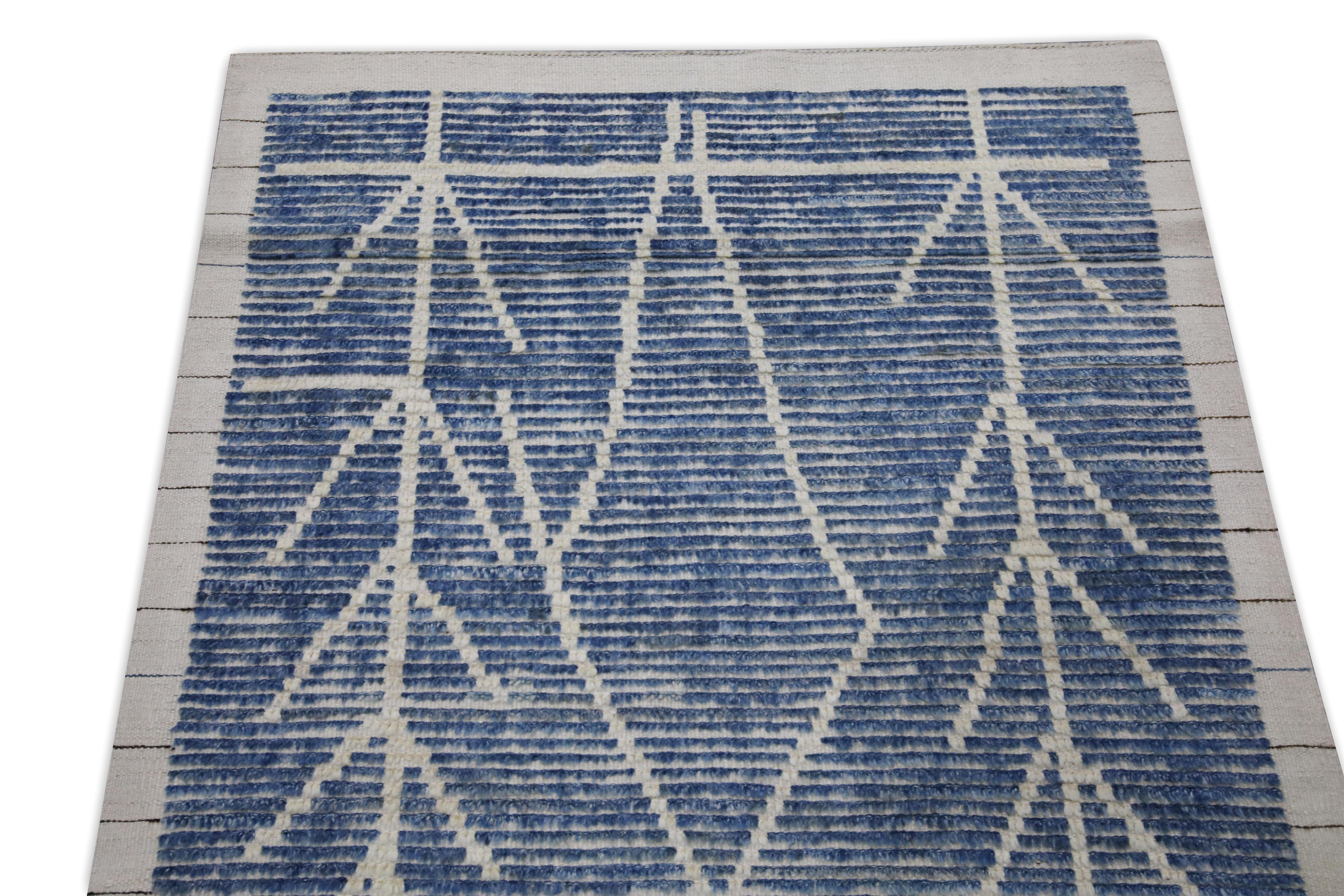 Vegetable Dyed Blue 21st Century Modern Moroccan Style Wool Runner 3' X 8'4