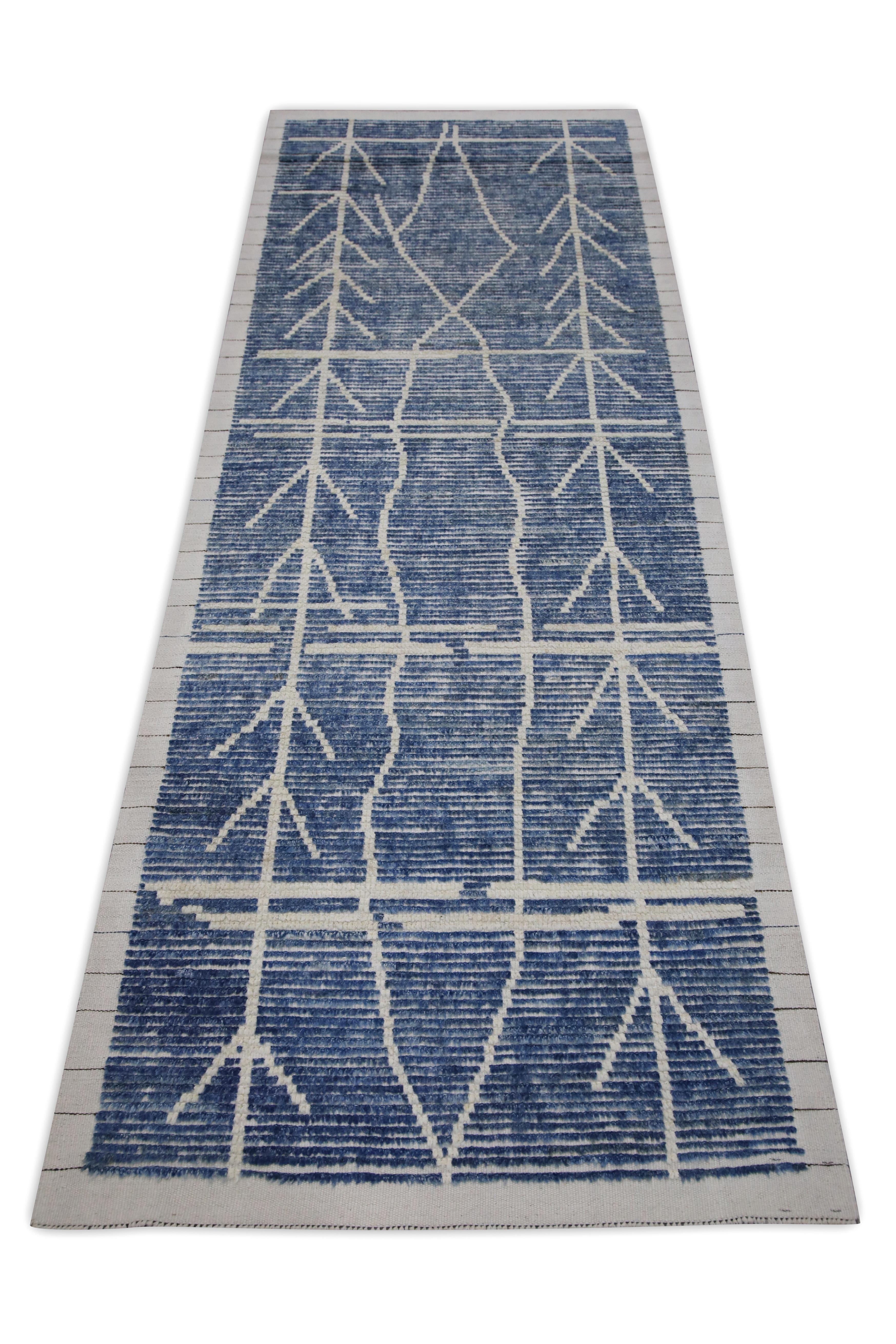 Contemporary Blue 21st Century Modern Moroccan Style Wool Runner 3' X 8'4