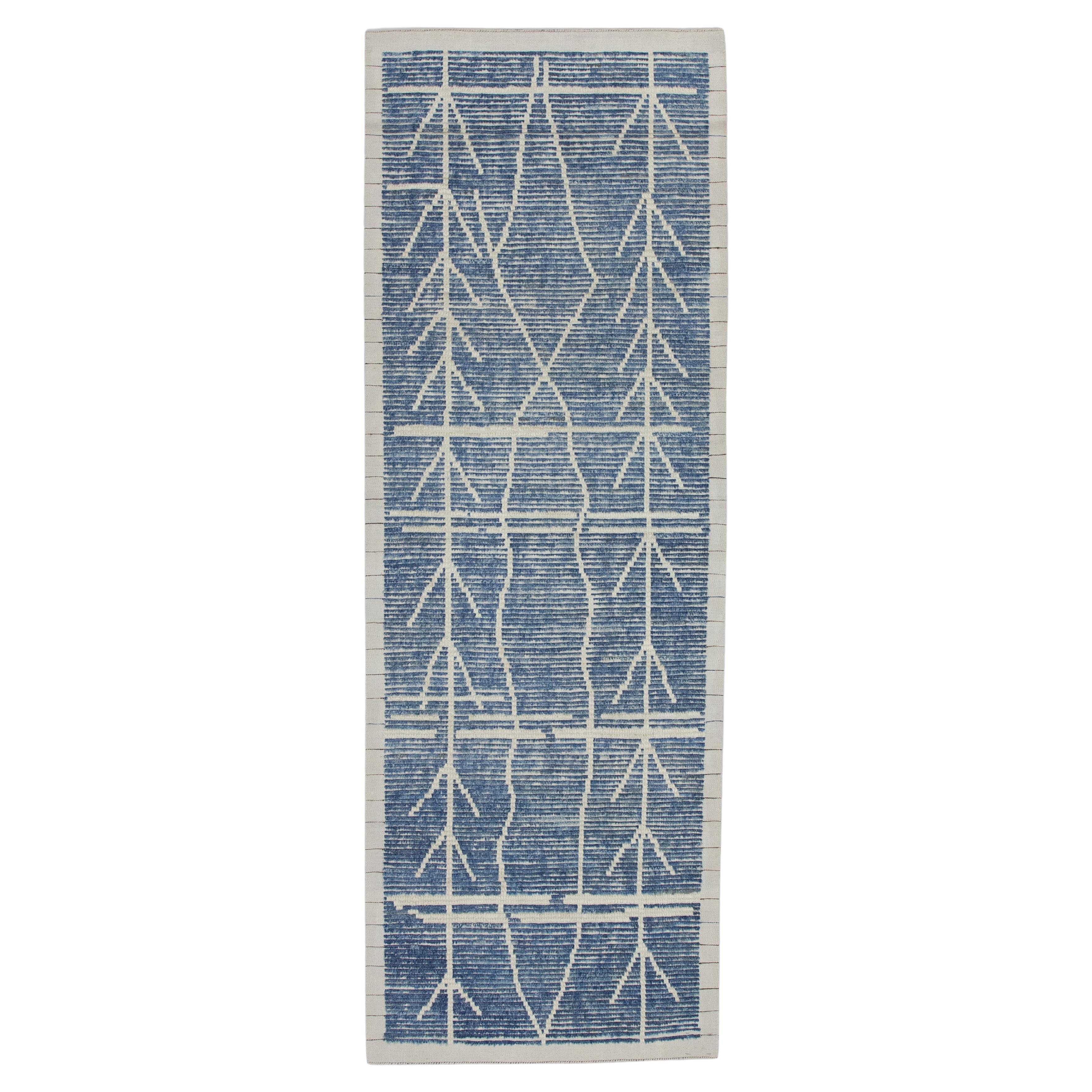 Blue 21st Century Modern Moroccan Style Wool Runner 3' X 8'4" For Sale