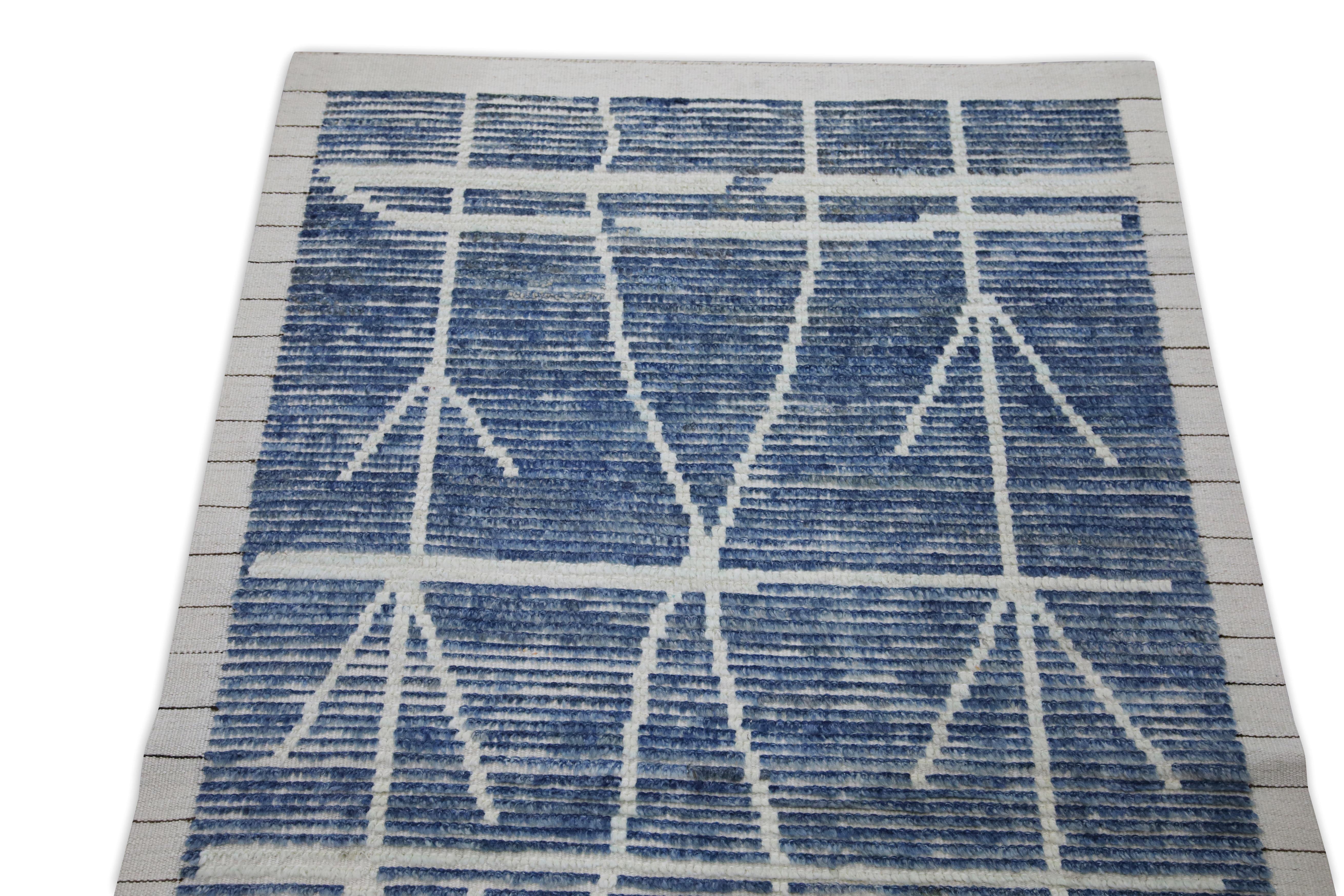 Vegetable Dyed Blue 21st Century Modern Moroccan Style Wool Runner 3'1