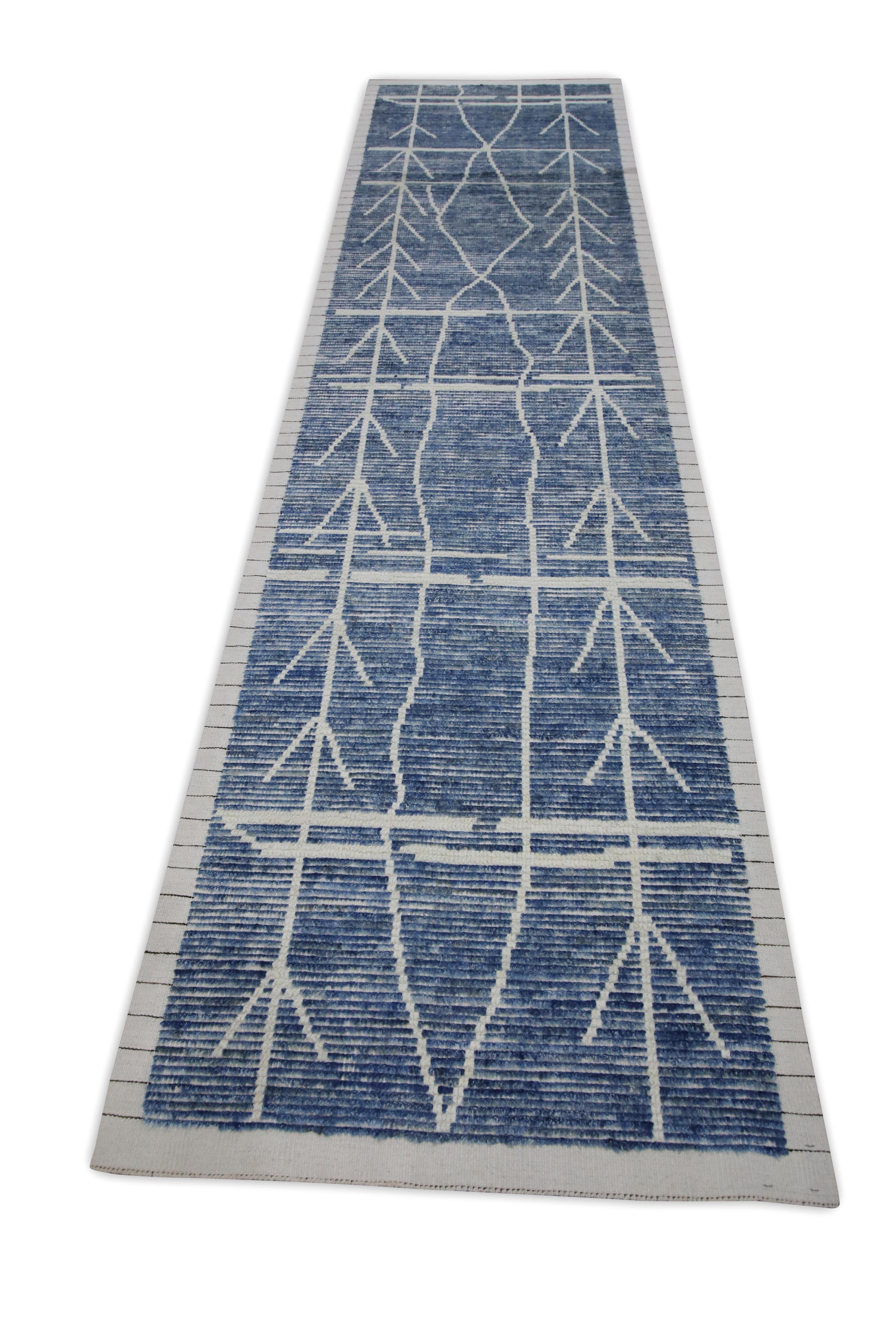 Contemporary Blue 21st Century Modern Moroccan Style Wool Runner 3'1