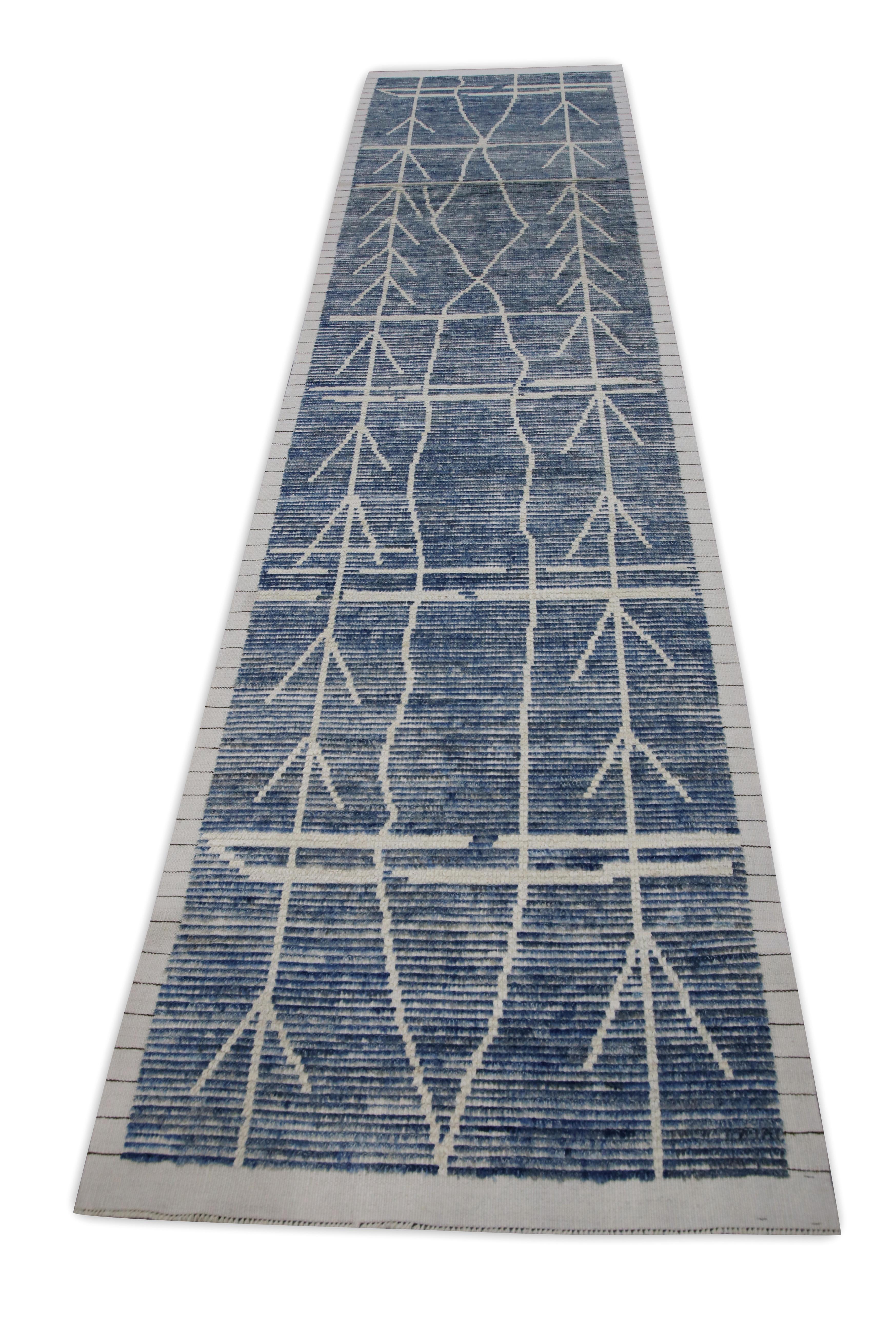 Contemporary Blue 21st Century Modern Moroccan Style Wool Runner 3'2