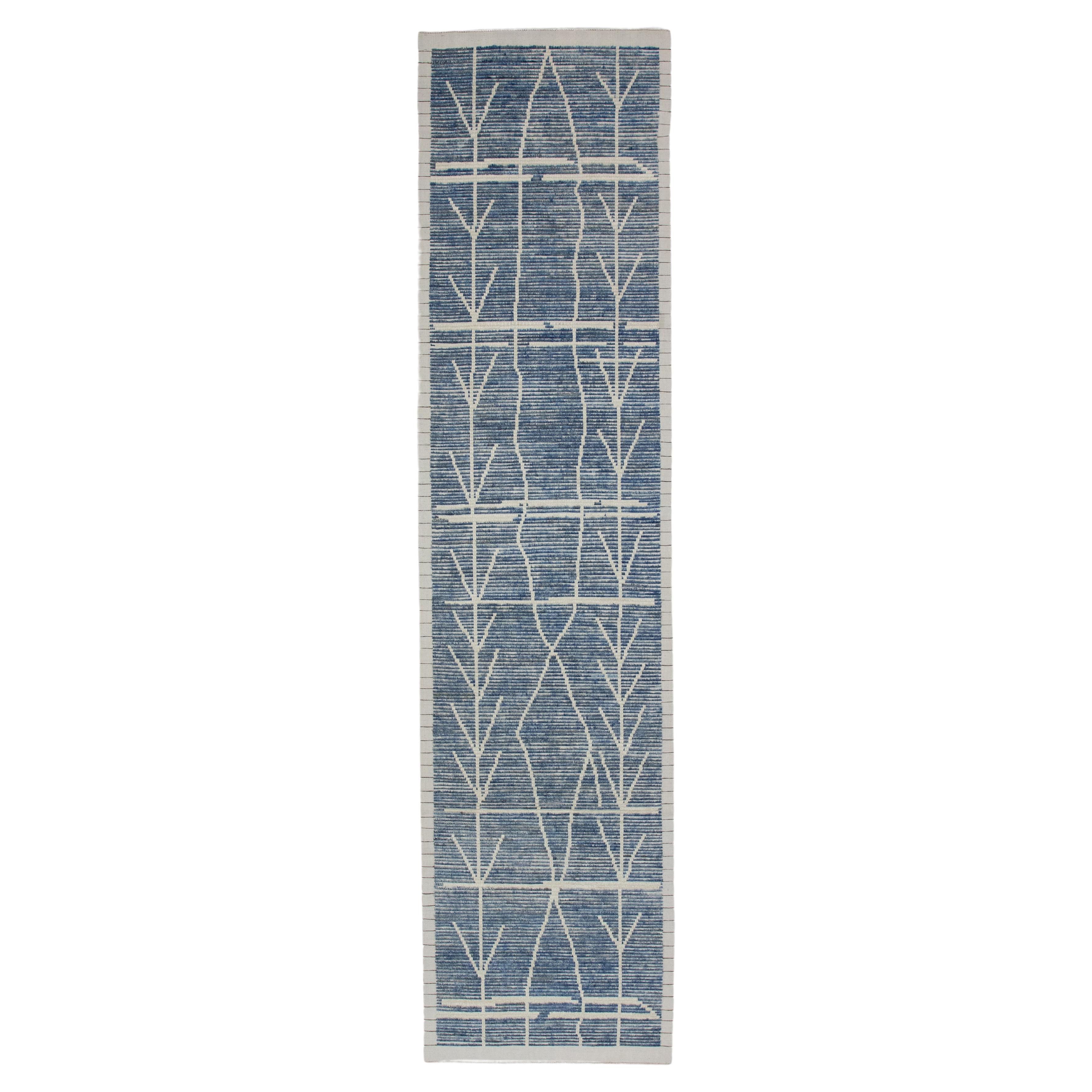 Blue 21st Century Modern Moroccan Style Wool Runner 3'2" X 12'6" For Sale
