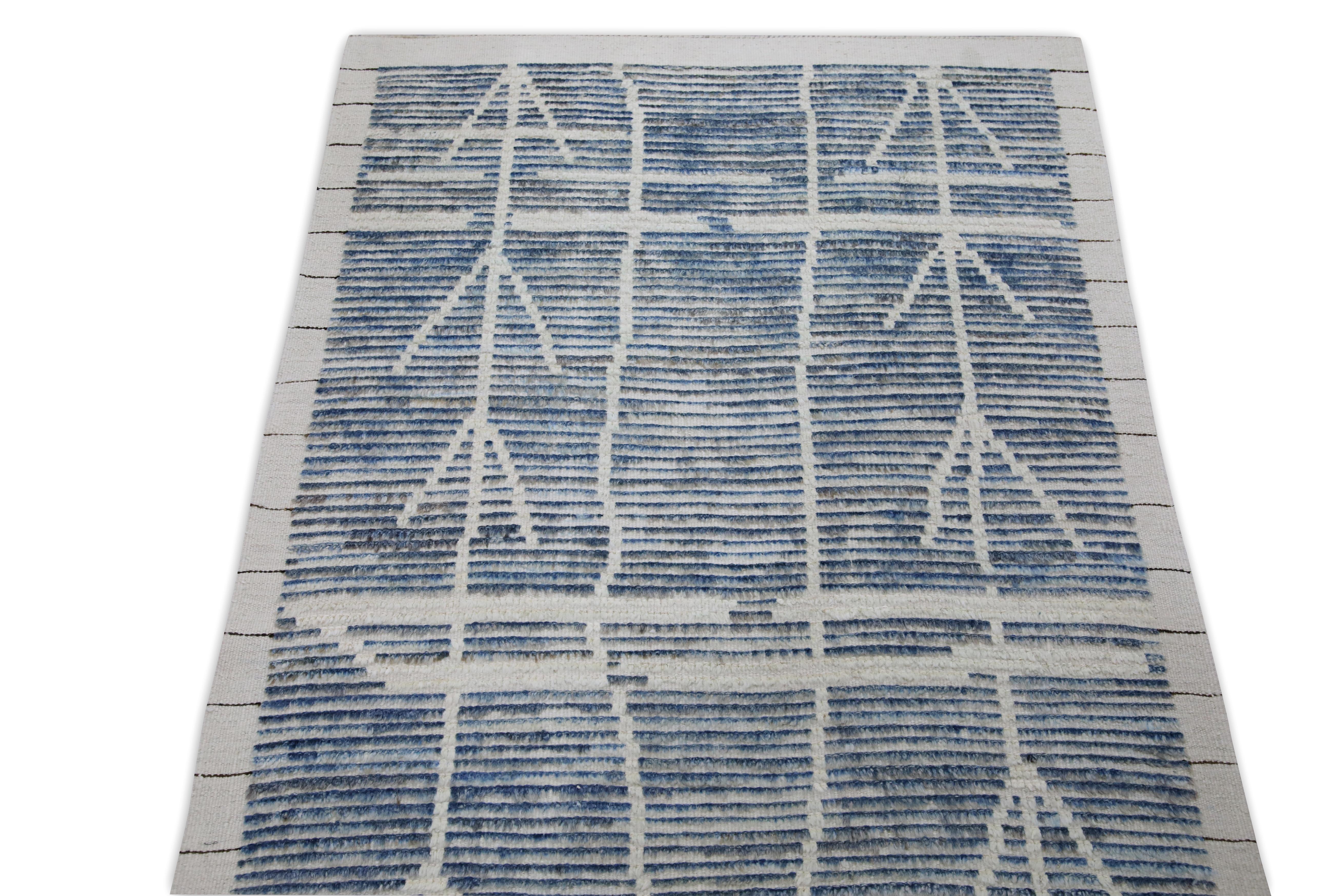 Vegetable Dyed Blue 21st Century Modern Moroccan Style Wool Runner 3'2
