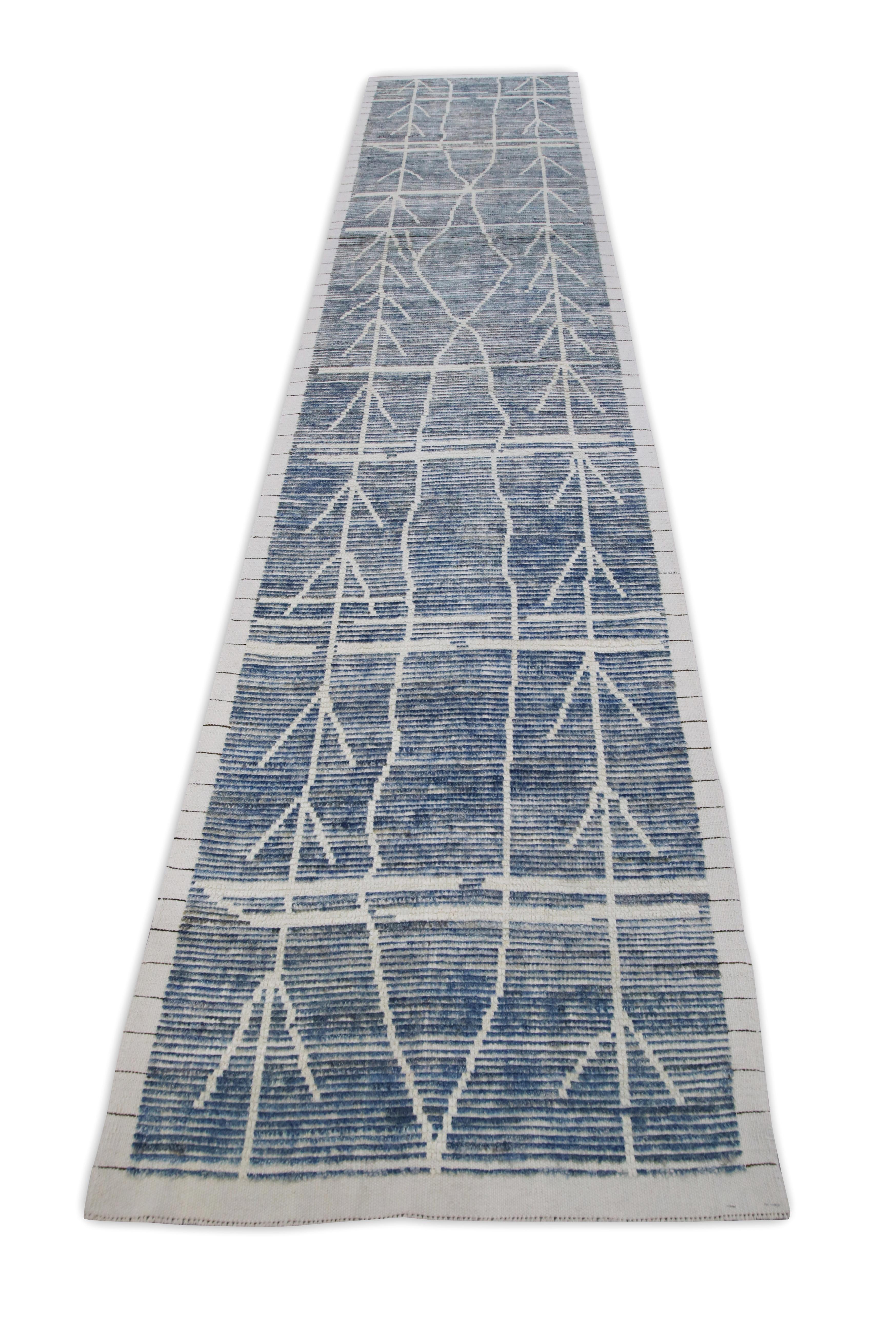 Contemporary Blue 21st Century Modern Moroccan Style Wool Runner 3'2