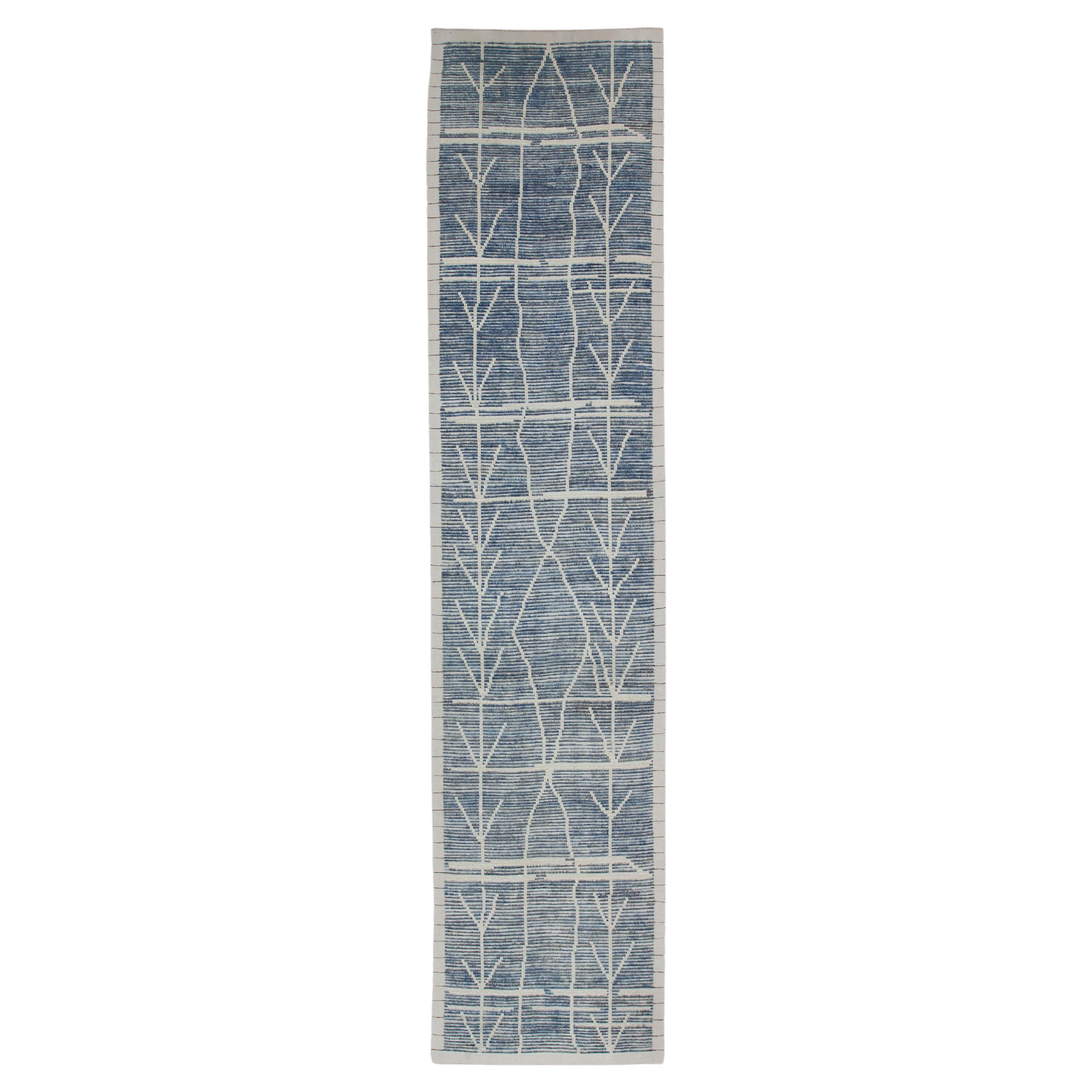 Blue 21st Century Modern Moroccan Style Wool Runner 3'2" X 14'10" For Sale