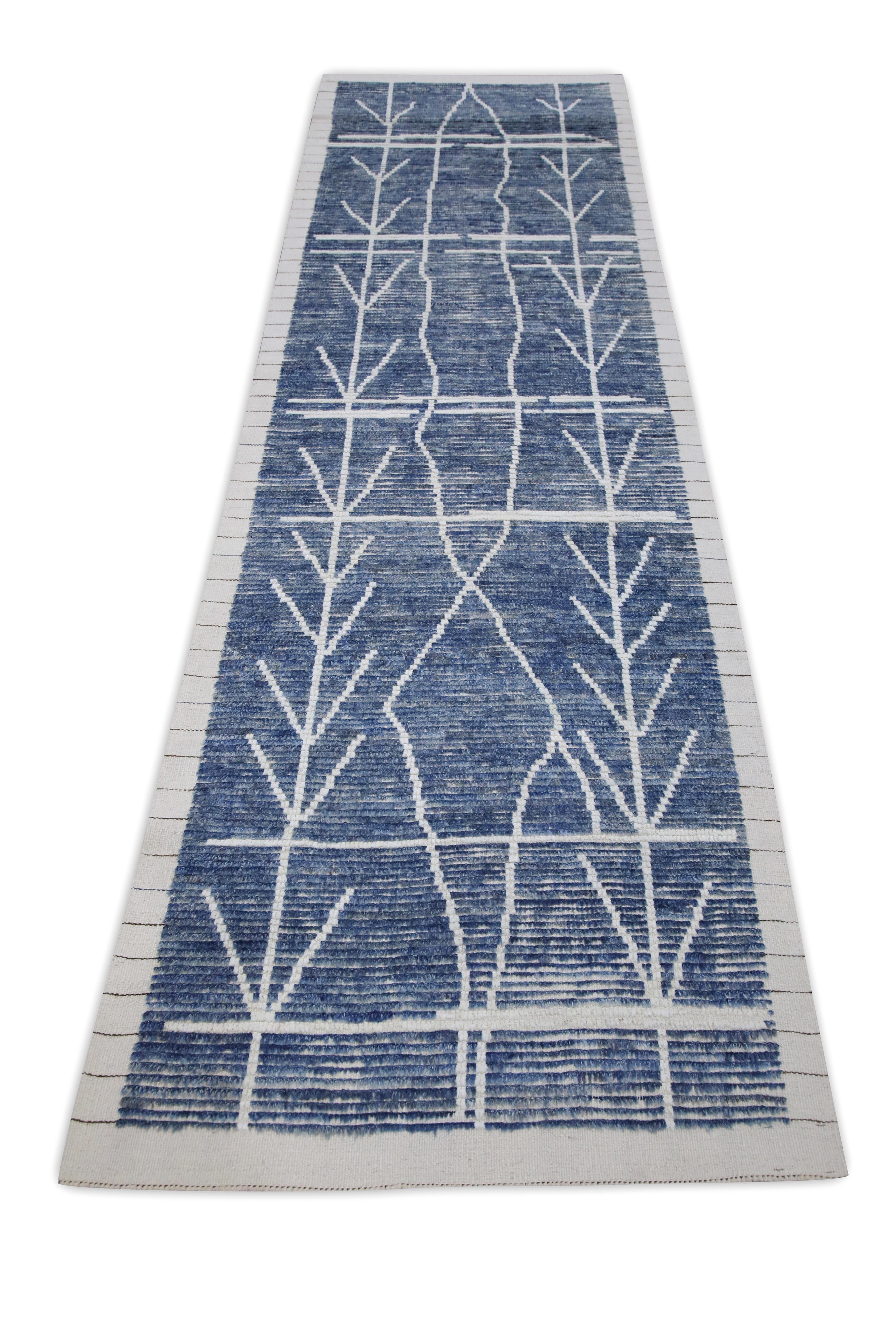 Contemporary Blue 21st Century Modern Moroccan Style Wool Runner 3'3