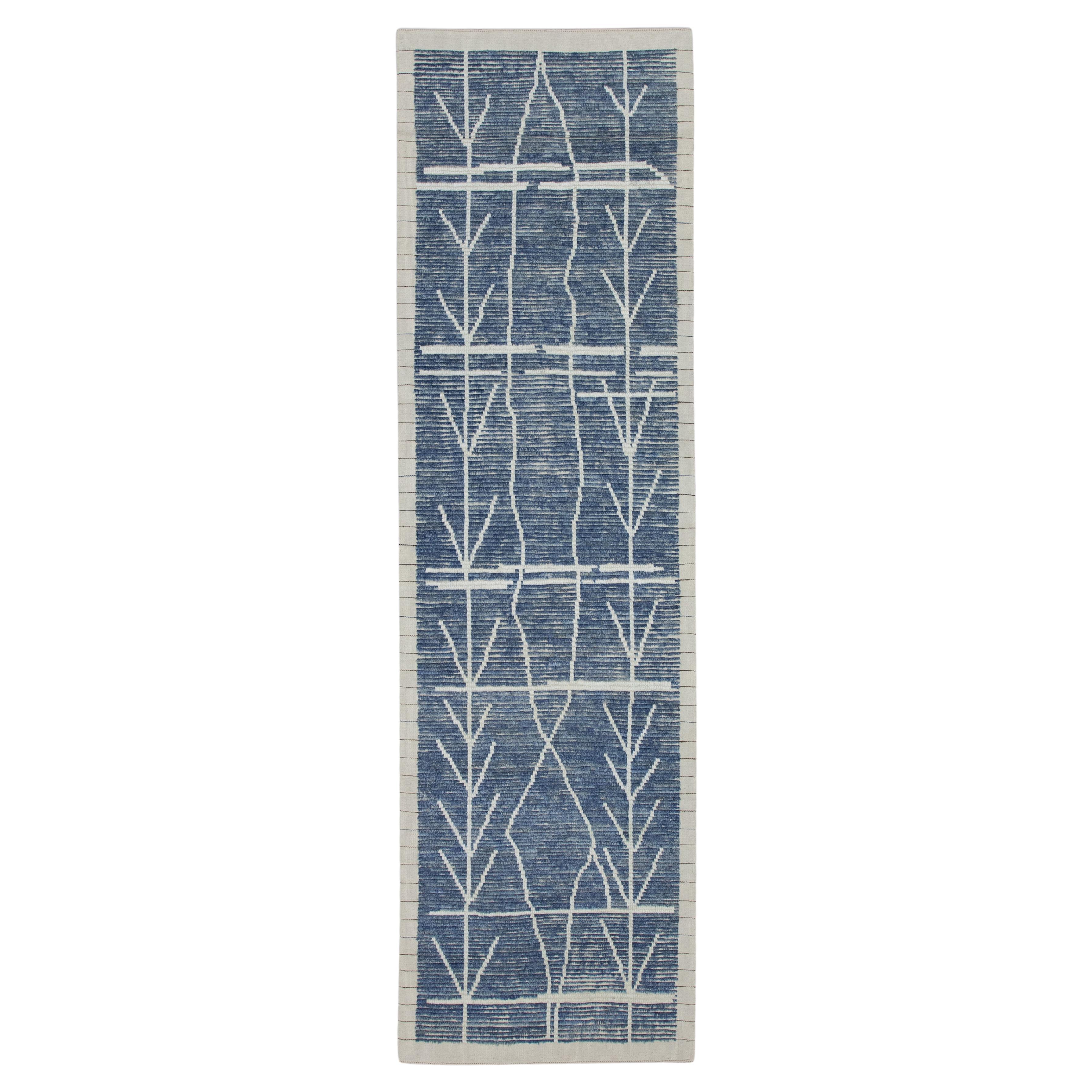 Blue 21st Century Modern Moroccan Style Wool Runner 3'3" X 10'9" For Sale