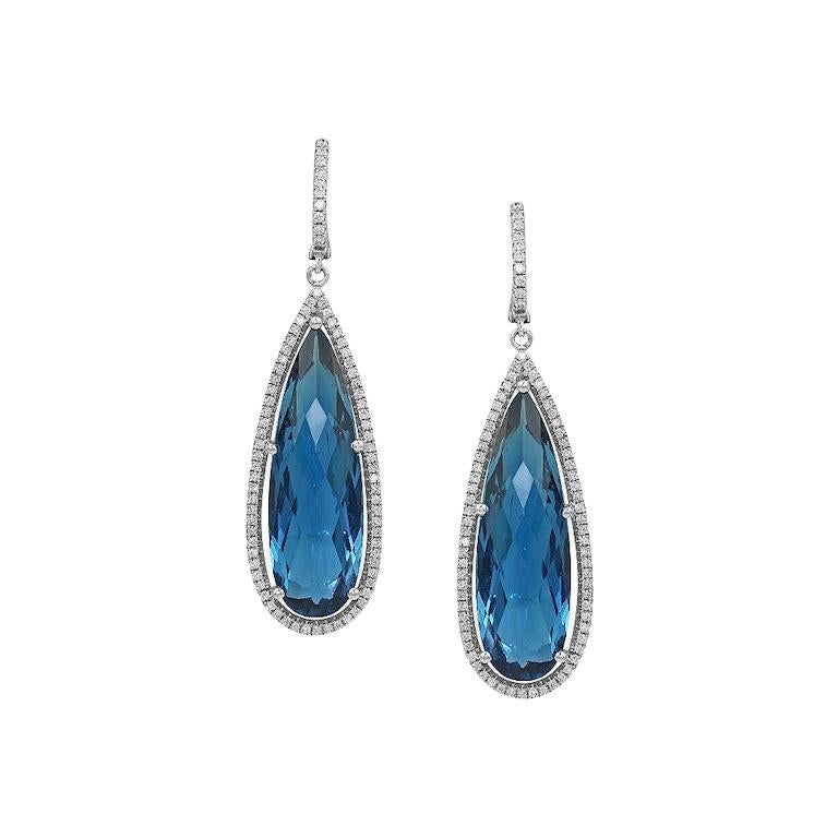 Pendants d'oreilles de créateur en or blanc 18 carats avec topaze bleue et diamants blancs de 32 carats