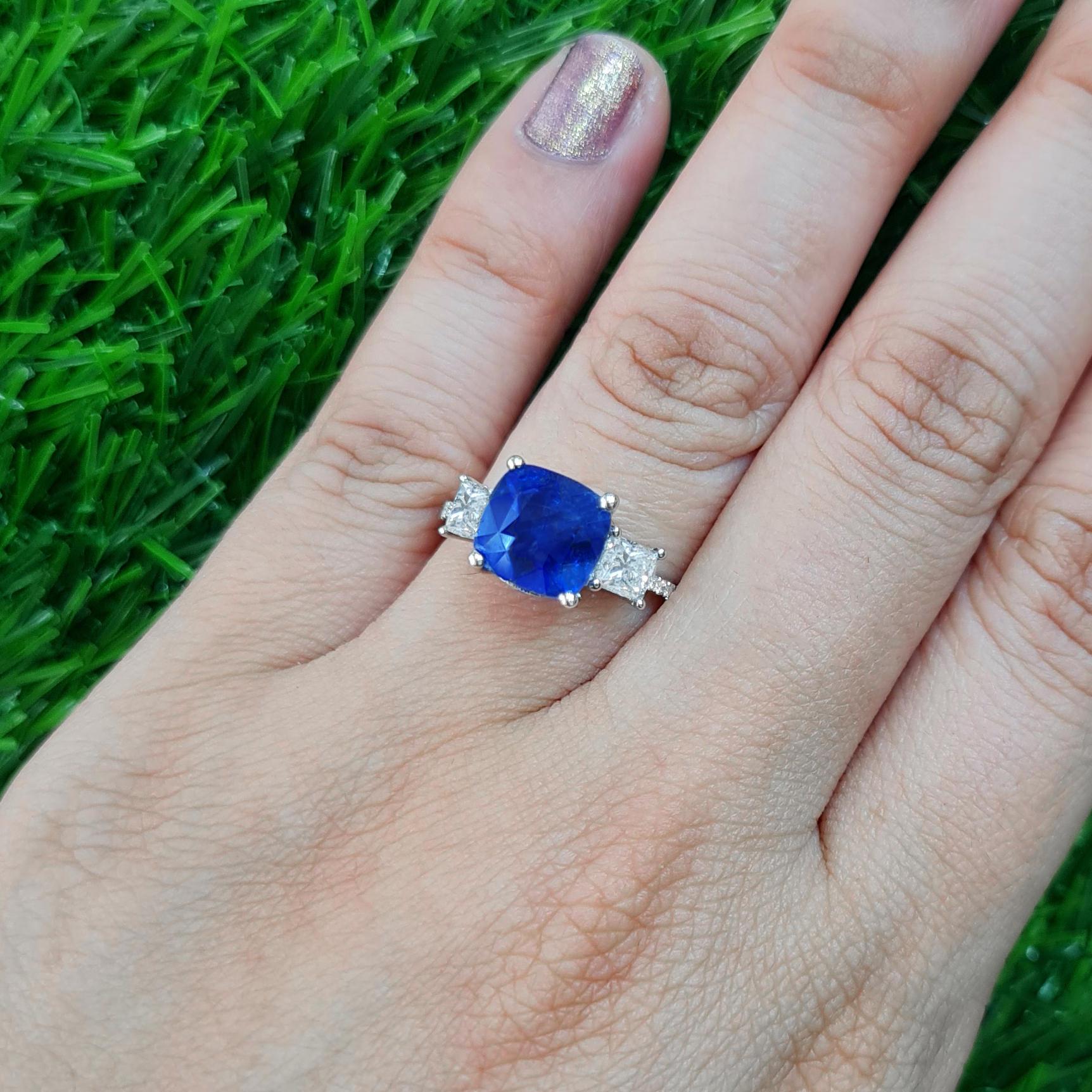 It comes with the appraisal by GIA GG/AJP
Blue Sapphire = 4.65 Carat
Diamonds = 0.96 Carats
( Color: F-G, Clarity: VS )
Metal: 18K White Gold
Ring Size: 7* US
*It can be resized complimentary