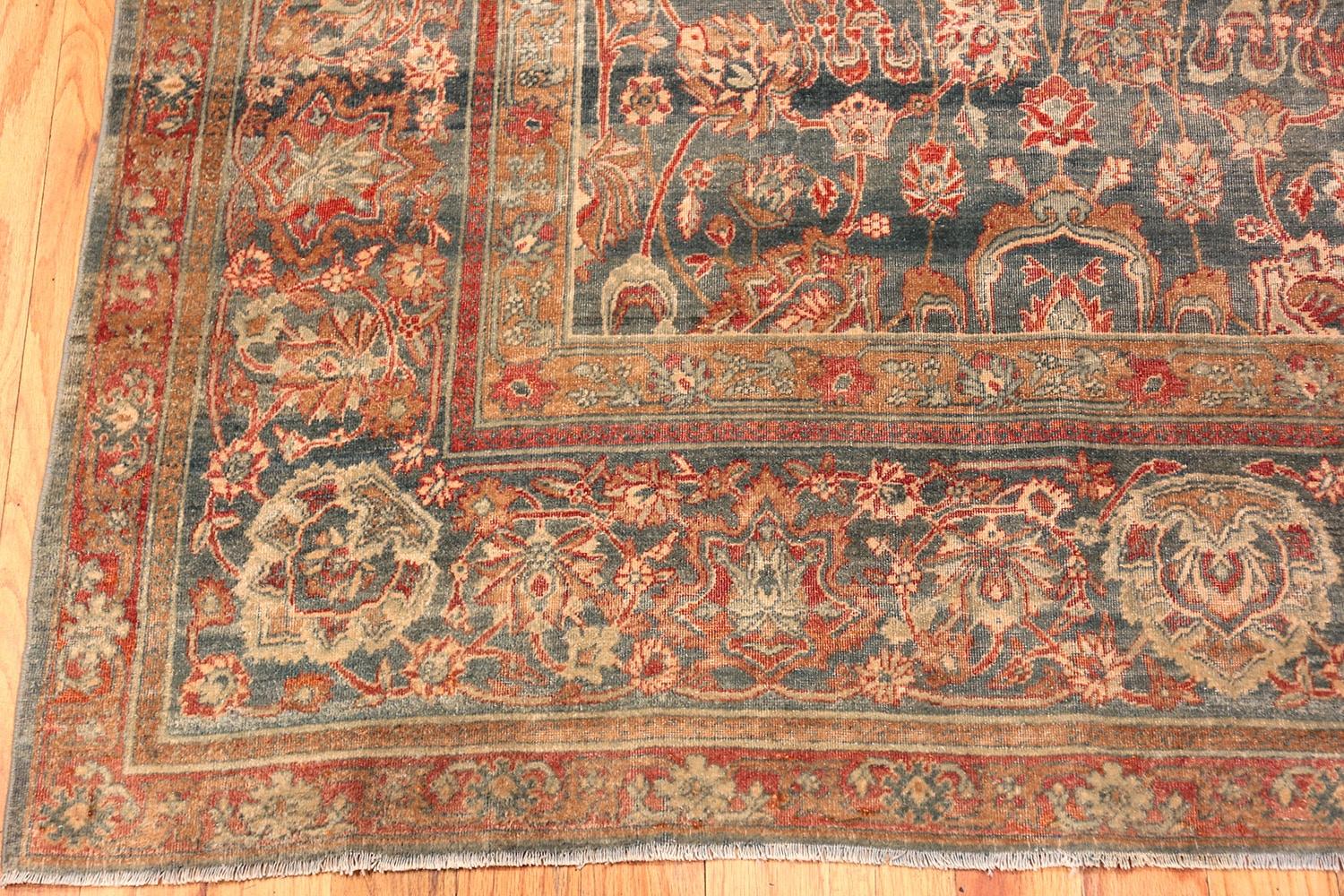 Beautifully abrashed blue antique Persian Kerman rug, country of origin or rug type: Persian rugs, circa 1900. Size: 9 ft 11 in x 11 ft 8 in (3.02 m x 3.56 m)

