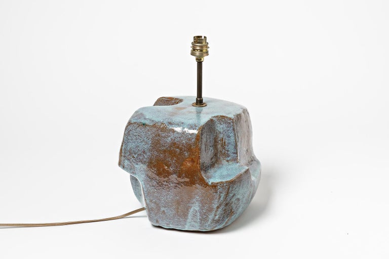 Mid-Century Modern Blue Abstract Cubist Ceramic Table Lamp, circa 1950, Mid Century Signed For Sale