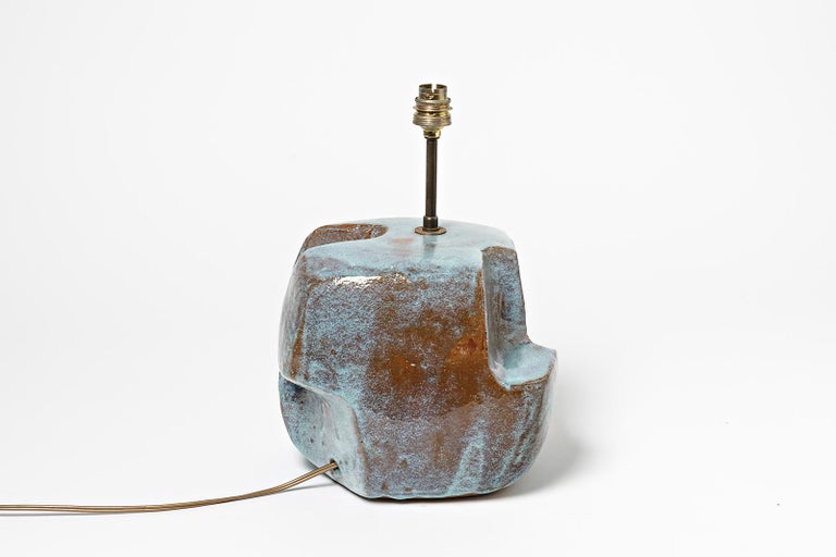 French Blue Abstract Cubist Ceramic Table Lamp, circa 1950, Mid Century Signed For Sale